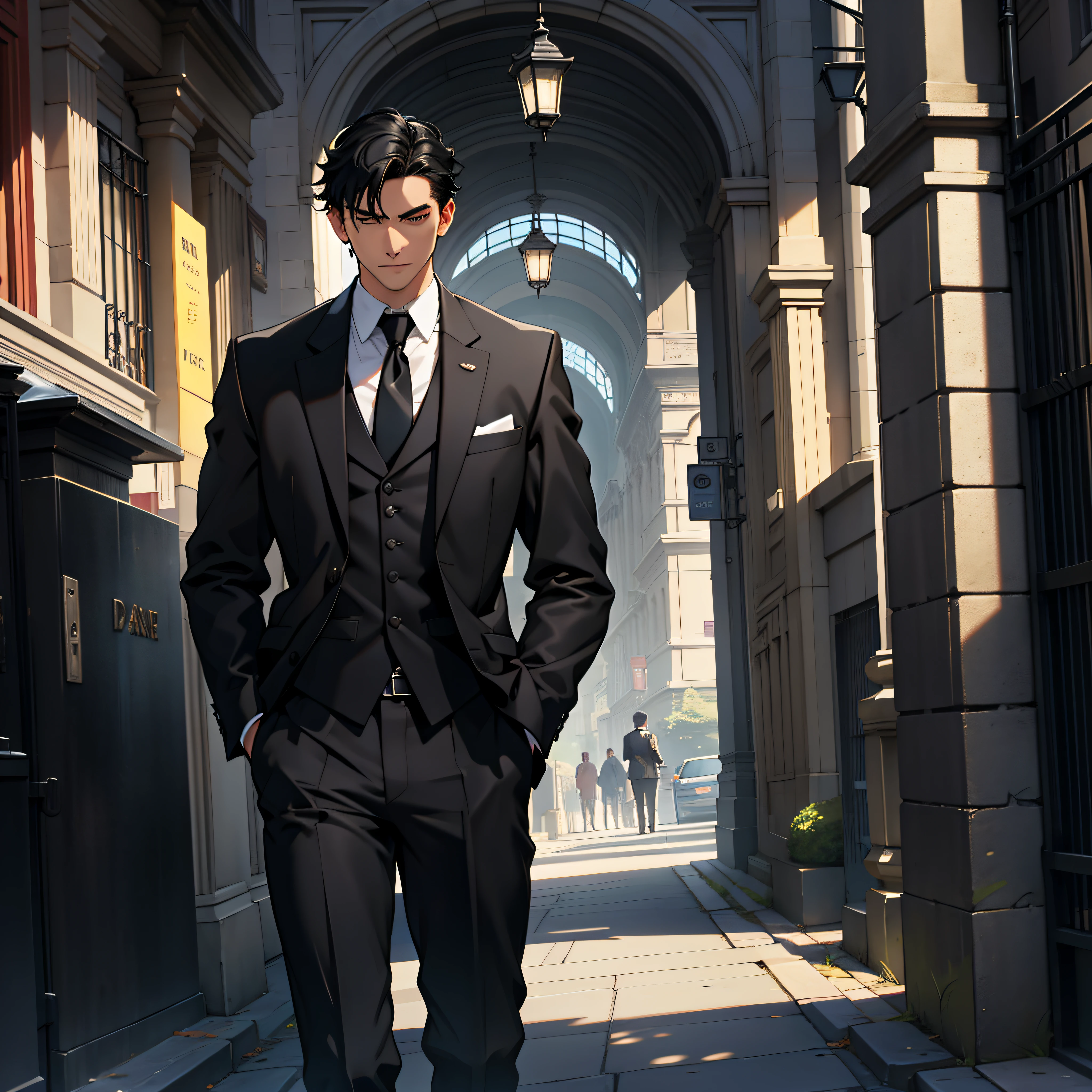 A young man with short black hair in a black suit was standing opposite the bank,Facing the bank gate,Face away from the camera