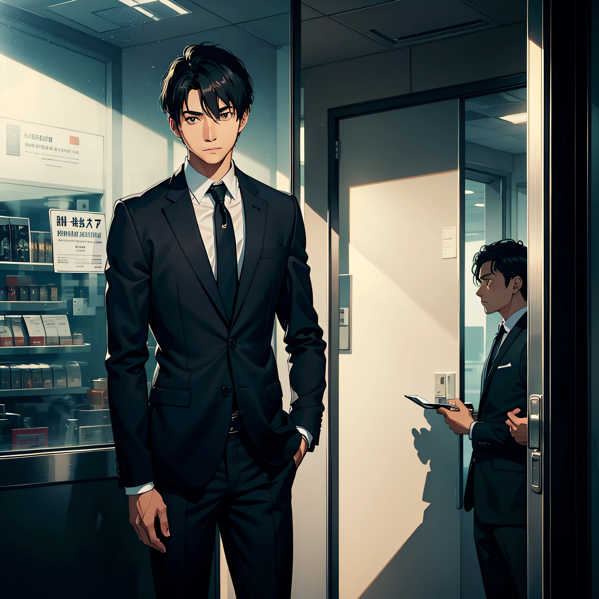 A young man with short black hair in a black suit was standing at the bank window