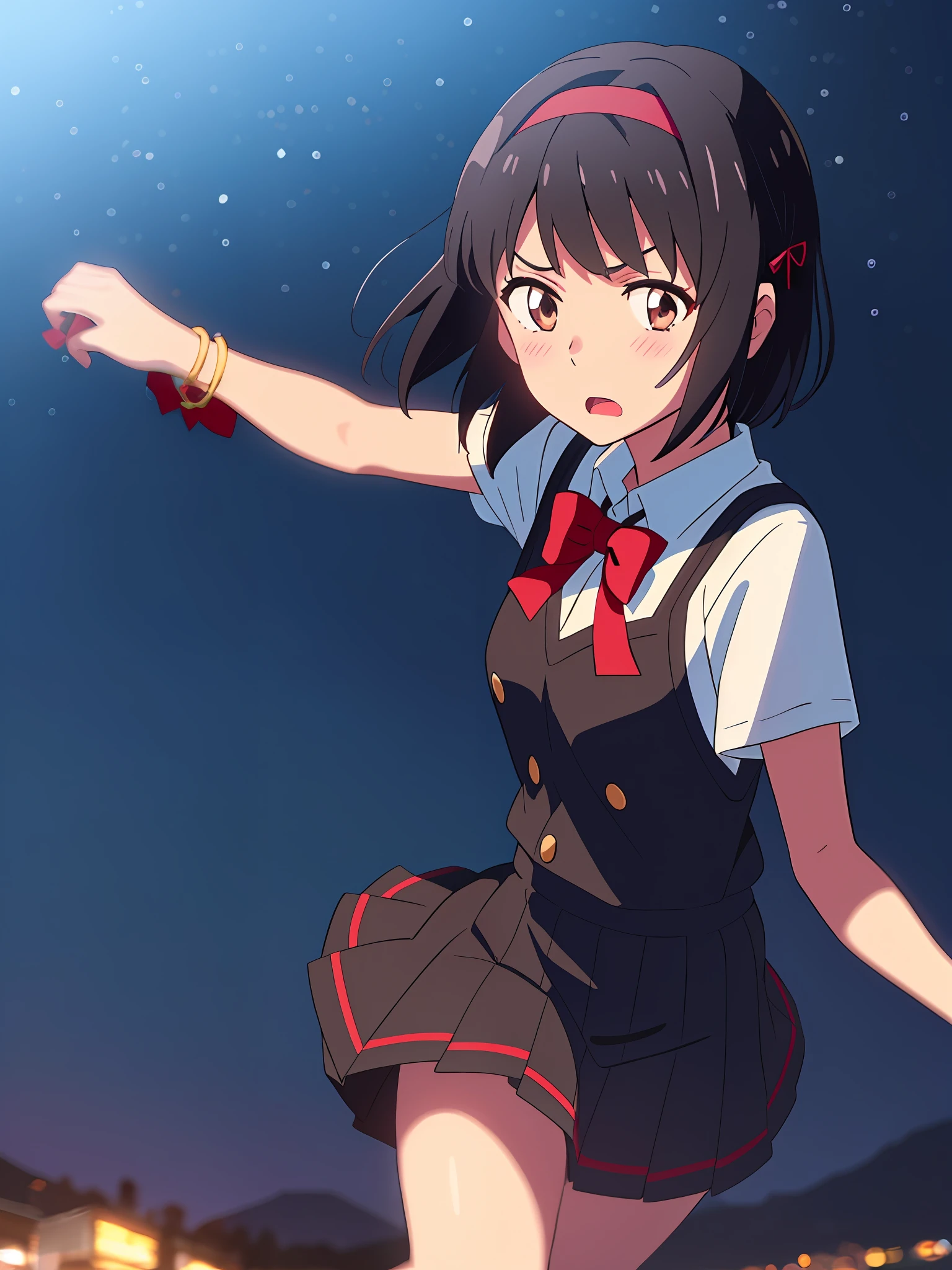 shinkai makoto, kimi no na wa., 1girl, bangs, black hair, blush, brown eyes, Suspender Clothes, looking at the viewer, Clavicle, red bow, red headband, red ribbon, short hair, cute, solo, skirt, short sleeves, open mouth, Night, Nightview, Outdoors, Fighting Stance, Despair Face, bracelet