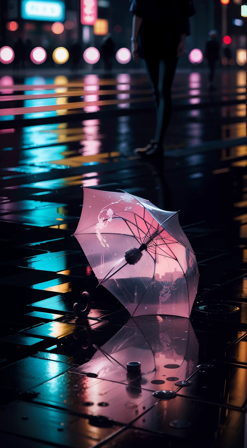 A transparent umbrella lying on the floor, Tokyo City, reflections on the floor, neon lights, Chuva, WATER DRIPS, anime scenery