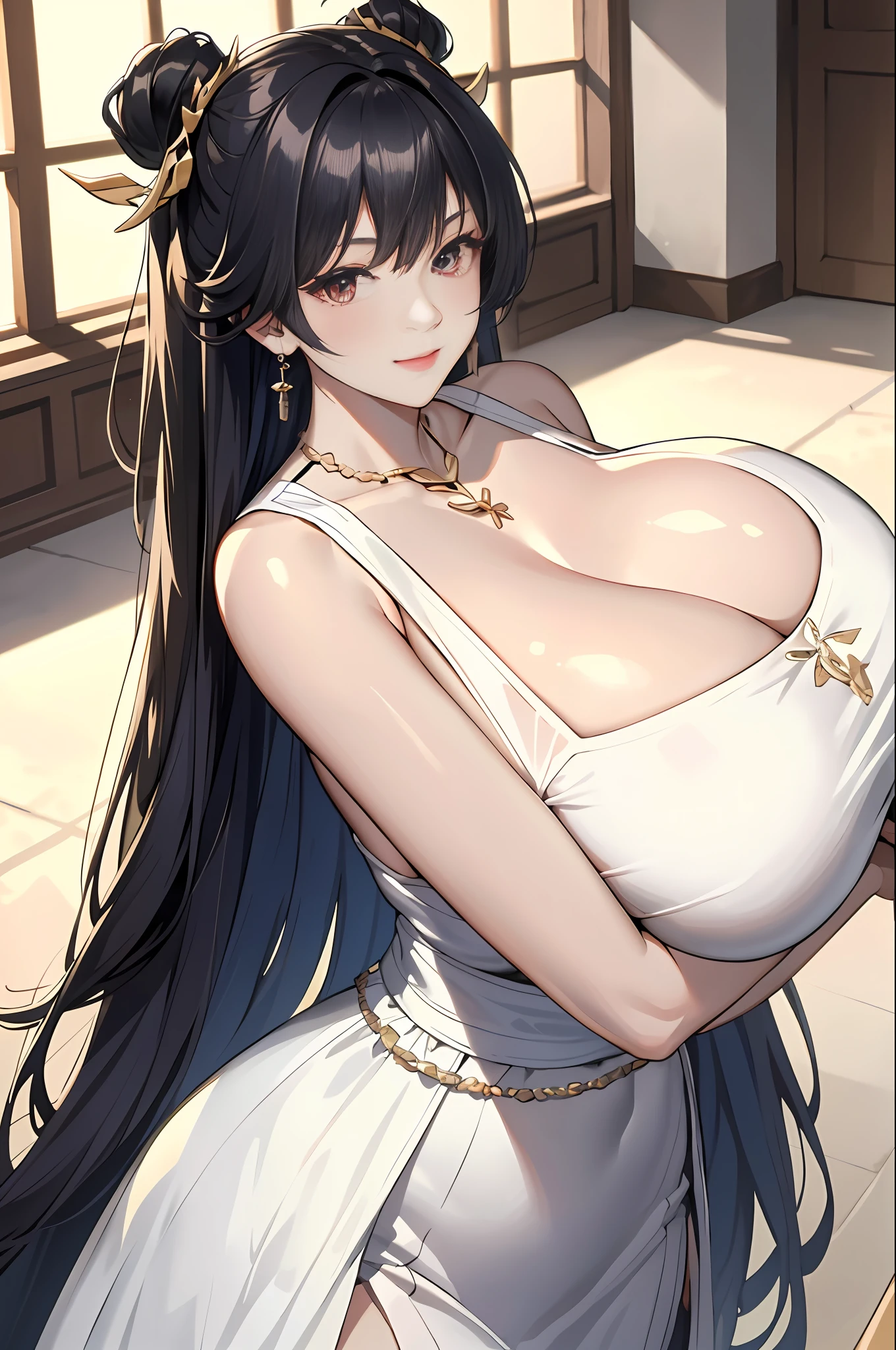 A girl who looks like a marshmallow，Solo 1 girl, ahoge, bangs, Bare shoulders, Black hair, Blush, Breasts, cleavage,  Big breasts, Slim, Bigboobs, huge boob, (((Ridiculously large breasts))), (absurd res:1.5), ((gigantomastia)), ((macromastia)), (((gigantic cleavage breasts))), (((((gigantic cleavage breasts)))))鎖骨, crossed bangs, dress, Earrings, hair between eye, hair adornments, Huge breasts, jewelry, Long hair, view the viewer, necklace, Official alternative costumes, one side up, parted lip, low-cut neckline, Red eyes, Sleeveless, Sleeveless dress, Smile, Solo, taihou \(azur lane\), Upper body, Very long hair, White dress,(Masterpiece:1.4),(Best quality:1.4),(Shiny skin)