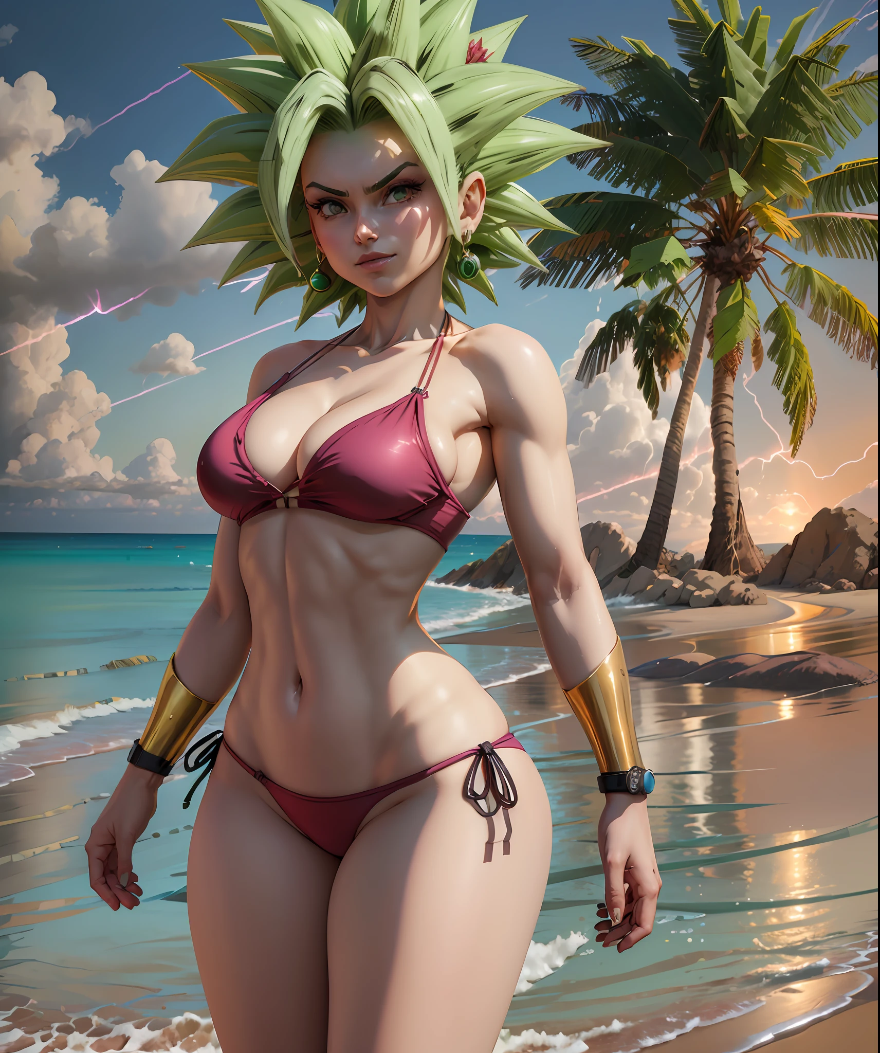 (obra-prima, Beach scene at sunset:1.3), (Kefla de Dragon Ball Super :1.2), (standing at its height of 140 centimeters with a well distributed 65 kg:1.2), (Beautifully proportioned body with large breasts and large buttocks, firmes e redondas:1.2), (slender physique:1.1), (passeando pela praia no momento da captura:1.2), (Facing the camera squarely, mas virando-se com uma breve risada no canto da boca:1.2), (fotografia tirada de suas costas:1.5), (wearing an extremely small bikini both on top and bottom:1.5), (Capturing the enchanting lighting of the sunset:1.1), (enhancing the beauty of your green colored hair:1.3) Detalhes insanos e hiperdetalhados, Lindamente colorido, Motor irreal, DOF, Super-Resolution, Megapixel, cinematographic lightning, antialiasing, FKAA, TXAA, RTX, SSAO, Post-processing, post - production, Mapeamento de Tons, .....cgi, VFX, SFX, Insanamente detalhado e intrincado, Hiper maximalista, Hiper realista, volumático, fotorrealista, ultra fotorreal | | | | |, ultra-detalhado, detalhes intrincados, 8k, super detalhado, Colouring, Volumetric lightning, HDR, realista, Motor irreal, 16k, foco nítido. octan render