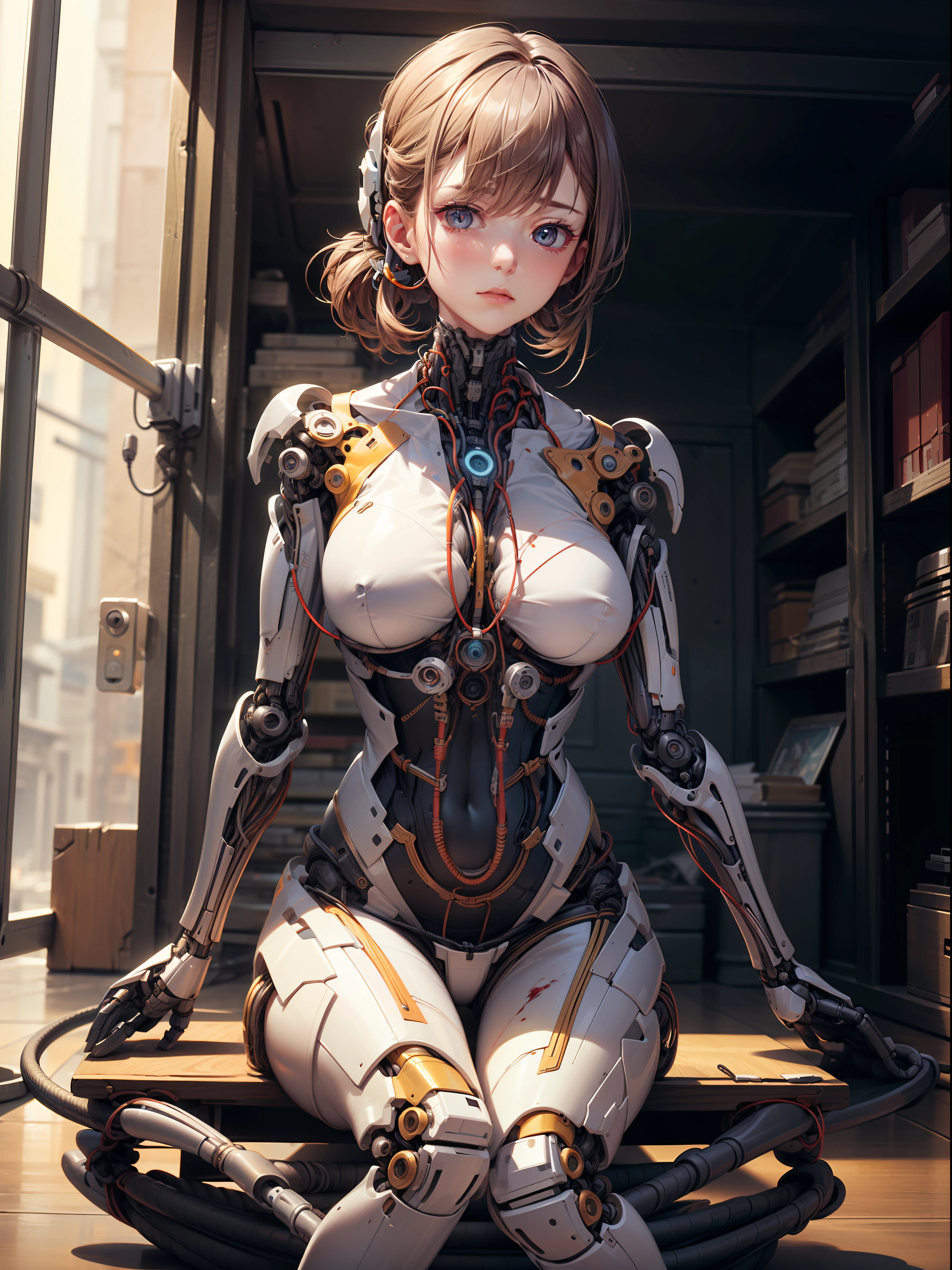 (((masterpiece))), (((best quality))), ((ultra-detailed)), (highly detailed CG illustration), ((an extremely delicate and beautiful)),(from front),cinematic light,((1mechanical girl)),solo,full body,(machine made joints:1.2),((machanical limbs)),(blood vessels connected to tubes),(mechanical vertebra attaching to back),((mechanical cervial attaching to neck)),(sitting),expressionless,(wires and cables attaching to neck:1.2),(wires and cables on head:1.2)(character focus),science fiction,extreme detailed,colorful,highest detailed,
