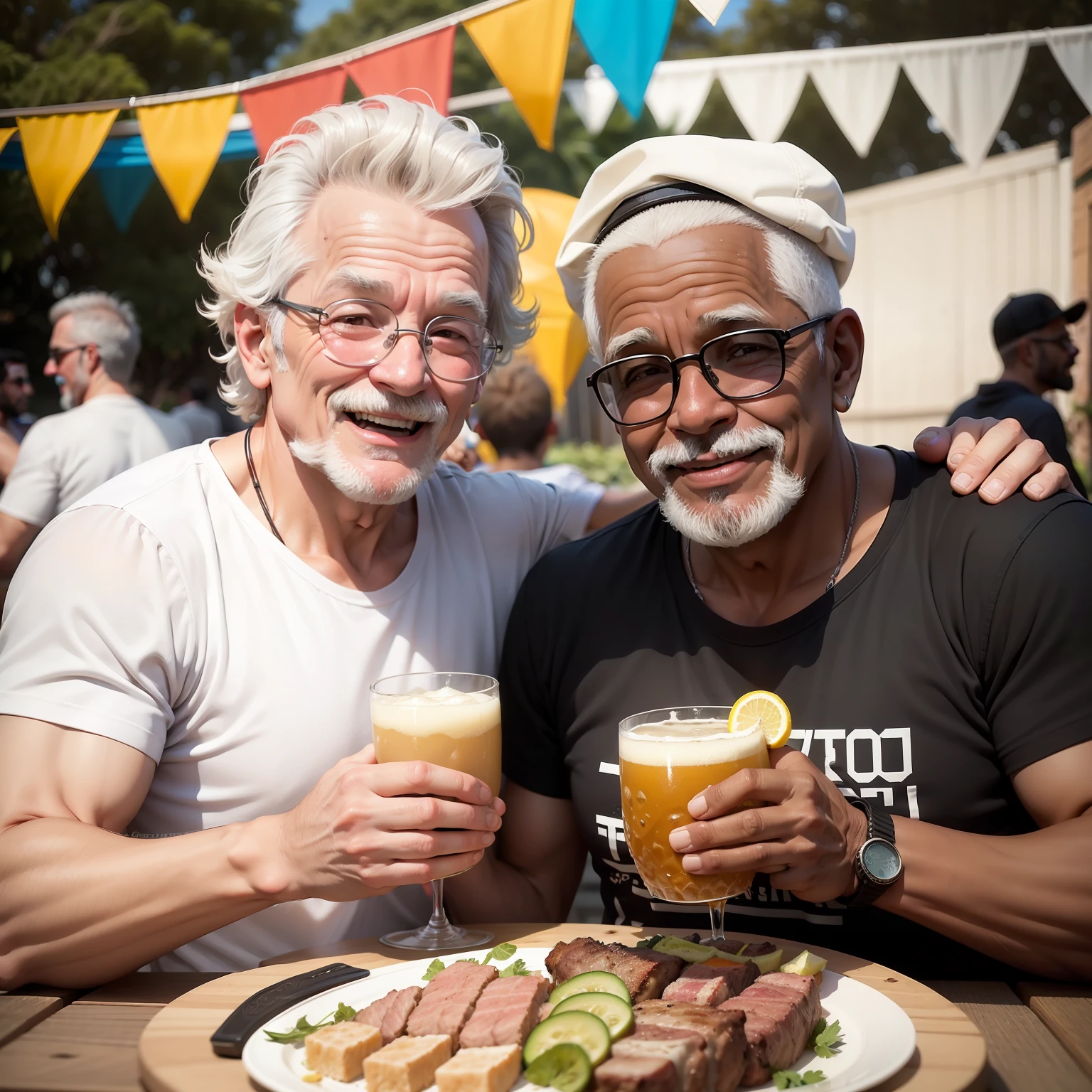 dois homens no quintal fazendo churrasco e bebendo cerveja, se divertindo, pessoas sorrindo, fotografia de alta qualidade, homens de 50 anos segurando garrafas de cerveja, foto precisa e detalhada
