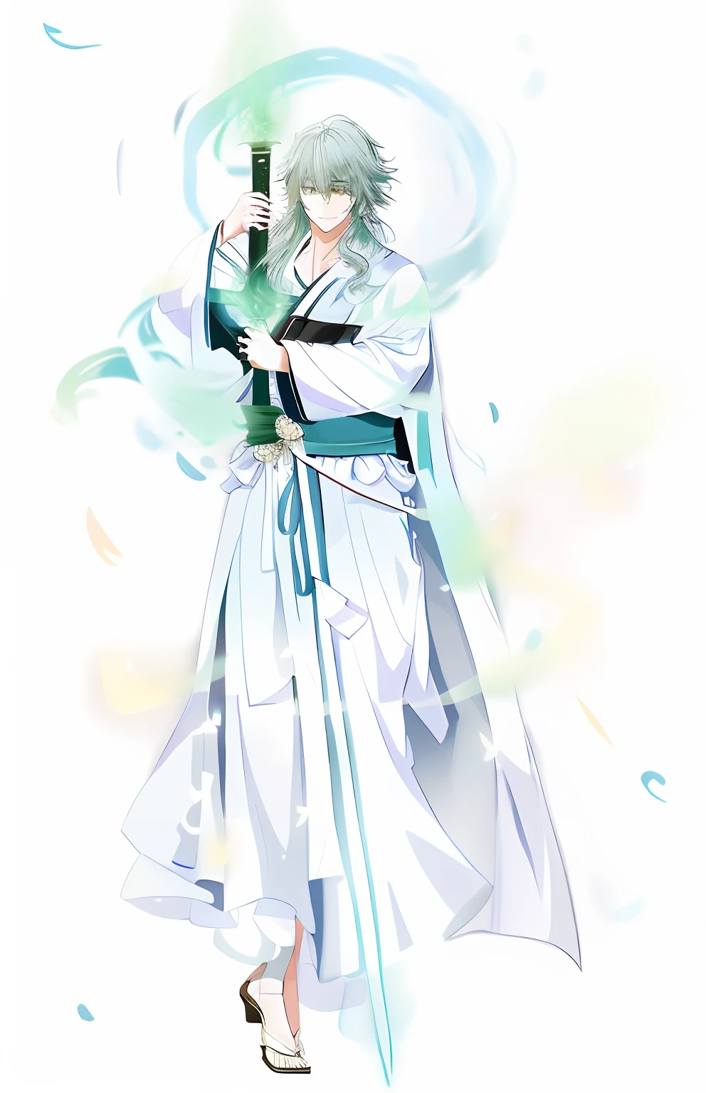 a drawing,teal hue,Green background,In a forest,A man in a robe holds a sword, Stand on a forest path,wearing a long flowing robe, flowing hair and long robes, wearing a long flowing robe,inspired by Kikuchi Yōsai, cotton cloud mage robes, ((wearing aristocrat robe),teal hue,About color,The light shines on the characters,Silver hair, Seductive smile, Vignetting, Anime style, god light, Sparkle, Ray tracing, Chiaroscuro, Cinematic lighting, color difference, color difference, Super detail, Anatomically correct, ccurate, Masterpiece, Textured skin, High details,Green canvas