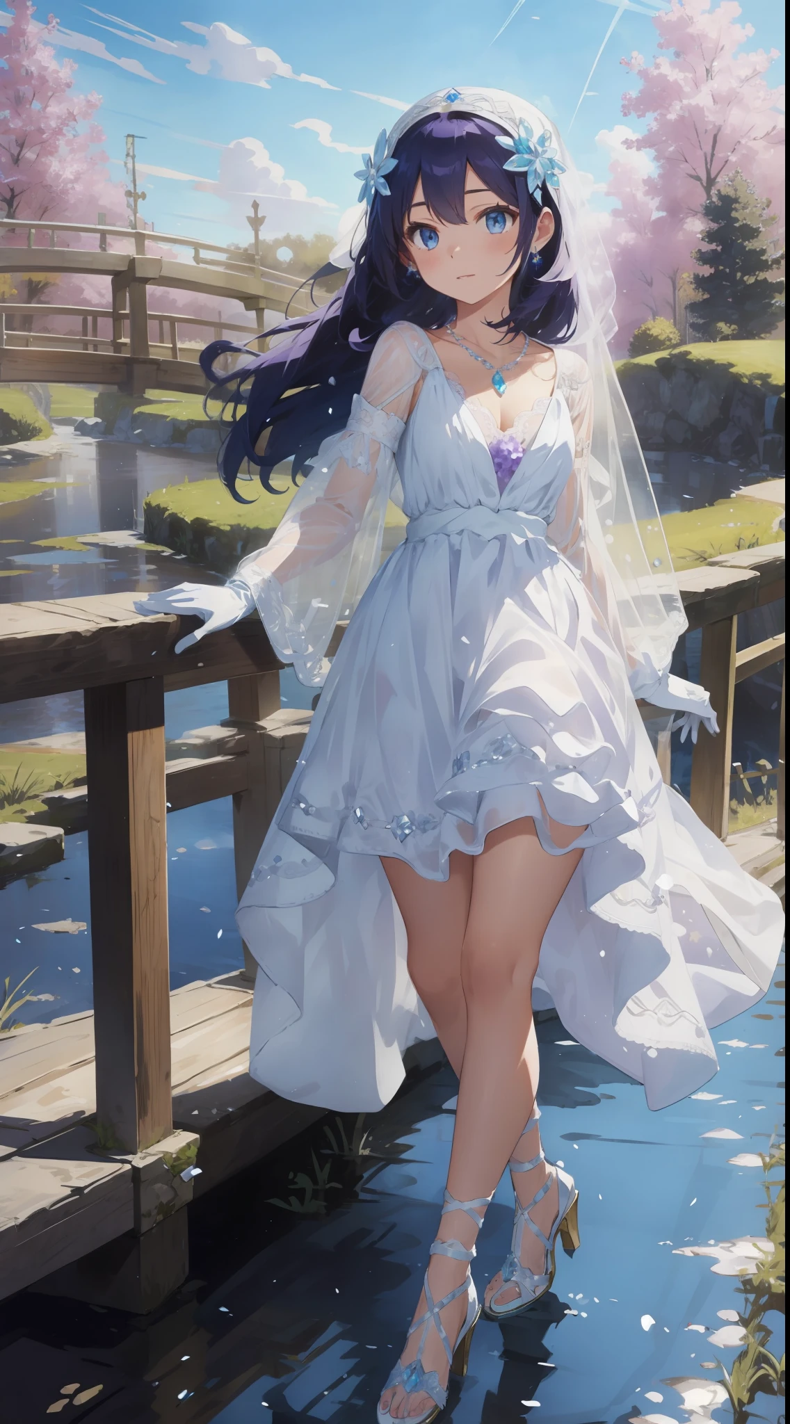 head gear,Gem Necklace,(white dresses,Purple lace),Long-sleeved lace gloves,Crystal heels,Fantasy art,with blue sky and white clouds,small bridge flowing water,