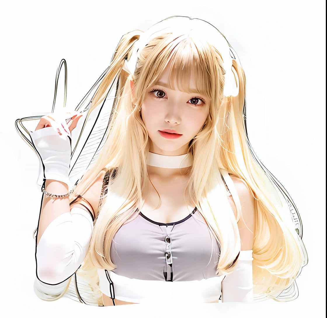 masterpiece, high quality cg, anime, illustration, best quality, 1girl, bound, bondage, beautiful face, detailed face, cowboy shot, Han Jia, 1girl, solo, long hair, blonde hair, simple background, shirt, white background, bare shoulders, brown eyes, collarbone, white shirt, short shorts, sleeveless, tank top, very small breast, bare legs,