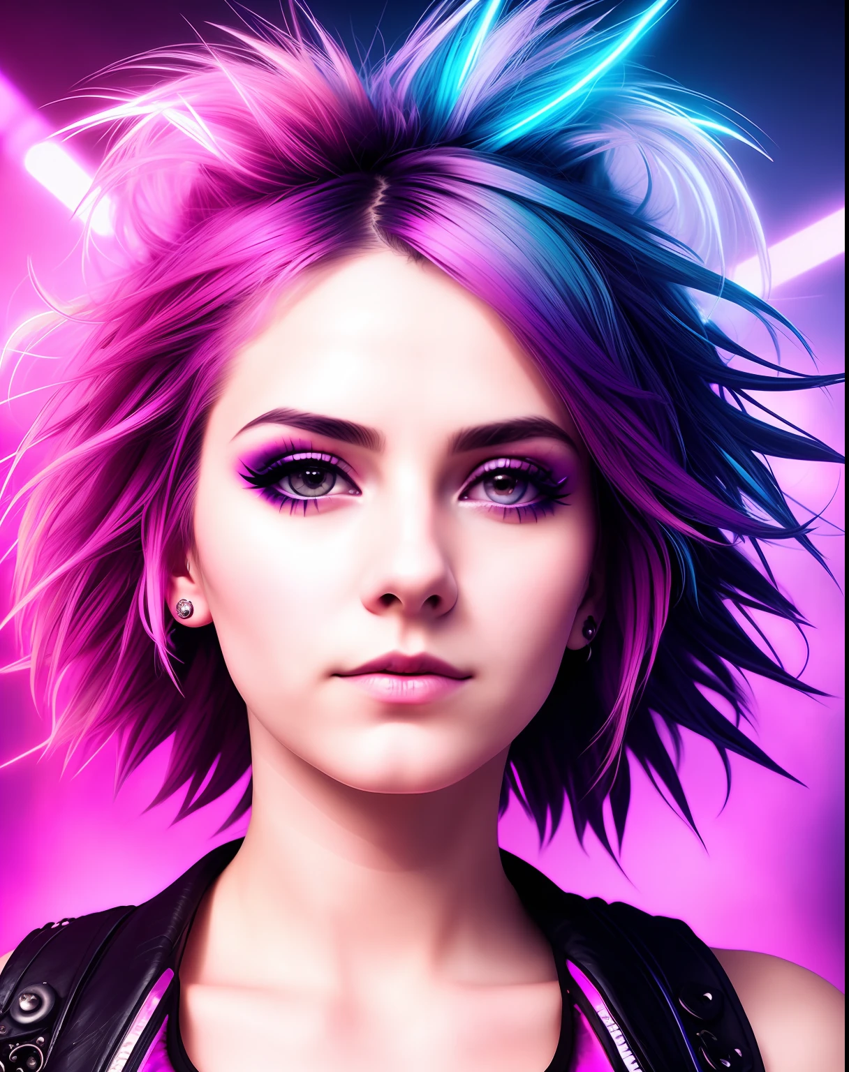 Punk Woman, in the sky, with sidecute hair, skin texture, Fractal art, neon lights, detail face, detail backgrounds little blur, natural lights, HDR, photo realistic, professional photo, flirt with the viewer, wind