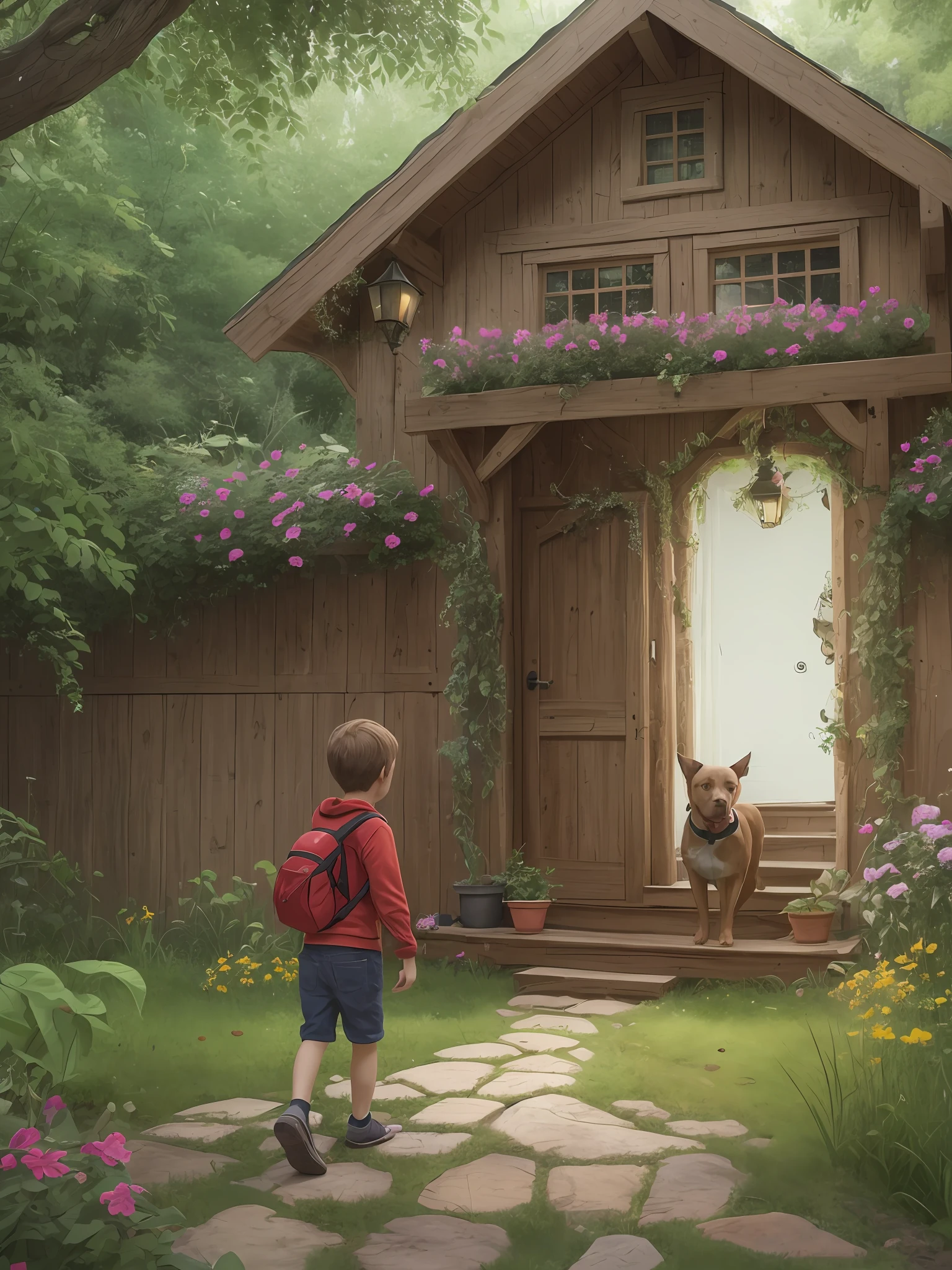 Lucas, a 6-year-old boy, and his dog Bella, a brown pitbull puppy with a white face, discover a secret passage in the backyard. They enter it and are transported to a magical land where animals can talk. Together, they face challenges, make new friends, and learn valuable lessons about friendship and teamwork. In the end, they return to the backyard, but the magic of the adventure stays in their hearts. --auto --s2