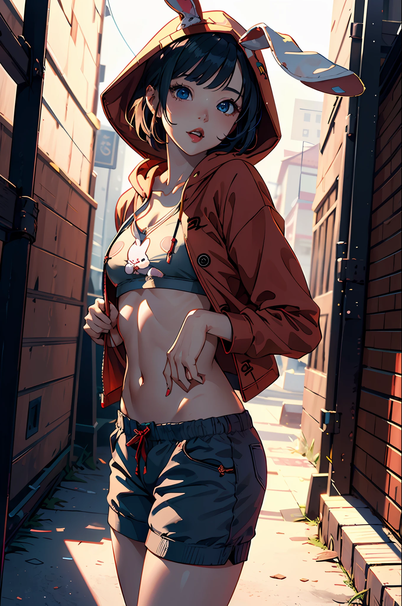 1girl, beautiful Korean girl, (Cute Loose Bob hair, flowing hair), (wearing a cropped bunny hoodie:1.5), (red lips, small breasts, toned stomach, eyelashes, aegyo sal), immersive background, global illumination, natural lighting, (beautiful detailed eyes, symmetrical eyes), (8k, RAW photo, masterpiece, High detail RAW color photo, highest quality, highly detailed CG unified 8K wallpapers), (best shadow, best illustration), physics-based rendering, high contrast, rich colors,