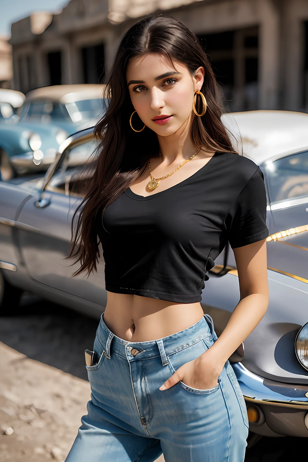 (RAW photo, realism: 1.8), (dark lip gloss, dull lipstick, many eyelashes, black eye shadow, shy, blushing, high quality, high resolution, depth of field, chromatic aberration, caustic, wide light, natural colors, 25 year old woman), thin gold chain, small earrings, gold bracelets, wear many accessories, large breasts, style A seriousness,
((Best Quality, 8k, Masterpiece:1.3)), Focus: 1.2, Perfect Body Beauty: 1.4, Arabian 25 years old woman: 1.2, ((small weavy Hairs)), (Black baggy basic tee-shirt:1.1), Basic full body length tee-shirt, grey torn style skinny jeans, long jeans: 1.1, Highly detailed face and skin texture, Detailed eyes, Double eyelids, toned body, Whitened skin, minor smile, large breasts, toned legs, beautiful detailed feets, long heel's, detailed feets and fingers, perfect feet's, toned legs, whitened skin, detailed sharp eyes and face, middle eastern woman, Steel gray baggy basic tee-shirt, Black plain Baggy torn Tee-shirt, dust scar's on white torn Teeshirt, toned hips, 8K UHD, thin gold chain in neck, model looks, standing at carrying brown leather hand bag, wearing wrist watch, bracelet, bangle's open legs style Posing, daylight, dusty and sunny, standing at ruined city, apocalyptic environment, dusty atmosphere, full body shot, heel's, sunlight raises on background, damage old vintage cars in background, Ford mustang, Jaguar E-Type, Volvo P1800, El Camino
DB5