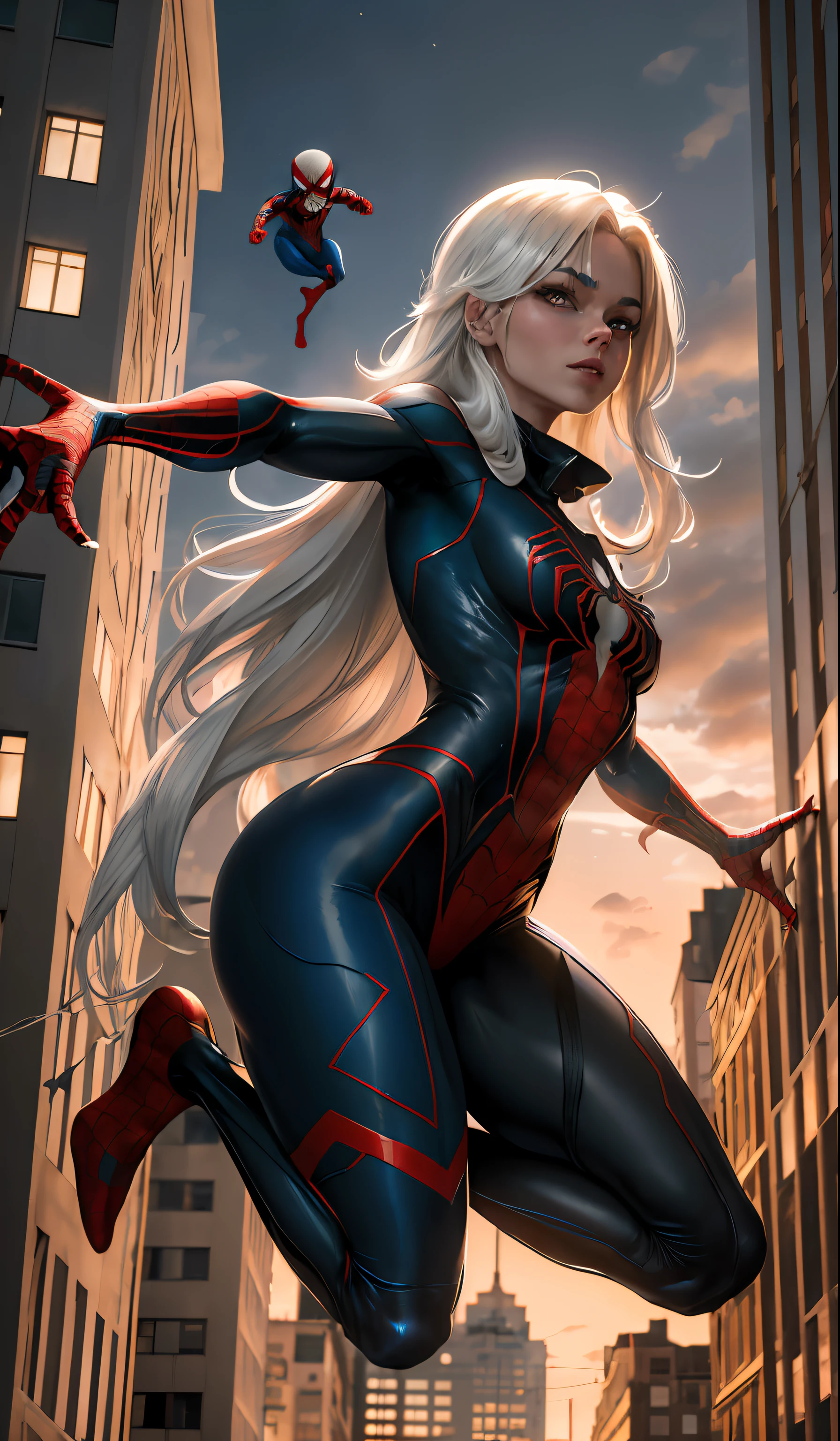 (Meisterwerk, 4K分辨率, ultrarealistisch, sehr detailliert), (White superhero theme, charismatisch, there's a girl on top of town, wearing a Spider-Man costume, sie ist eine Superheldin), [ ((25 Jahre), (Long white hair: 1,2), full-body, (blaue Augen:1,2), ((Spider-Man-Pose),Machtdemonstration, Jumping from one building to another), ((sandy urban environment):0,8)| (Stadtbild, nachts, dynamische Lichter), (Vollmond))] # Explanation: The Prompt mainly describes a 4K painting in ultra-high definition, sehr realistisch, sehr detailliert. Es zeigt eine Superheldin an der Spitze der Stadt, who wears a Spider-Man costume. The theme in the painting is a white superhero theme, the female protagonist has long white hair, is 25 years old and her entire body is shown in the painting. Um die Handlungen von Superheldinnen darzustellen, werden Spinnen eingesetzt hot geil, wundershön, nacht, wow, weiss outfit