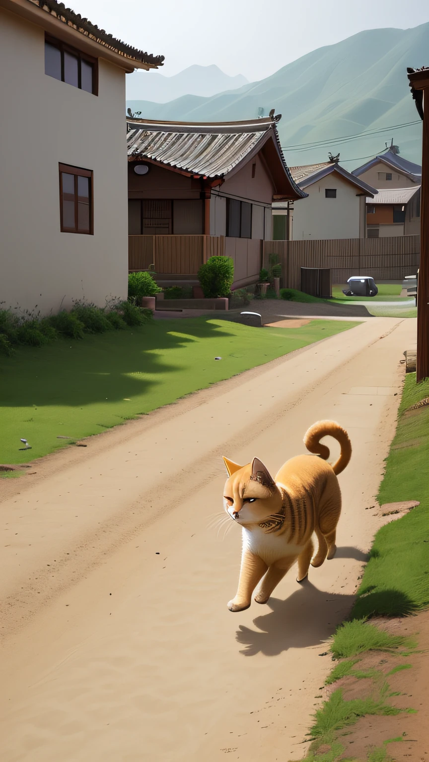 In a village with dense date trees on the Loess Plateau，A little brown milk cat lies in the yard of a farmer's house，Next to it, this yellow Chinese pastoral dog who just wants to play with the cat is jumping there