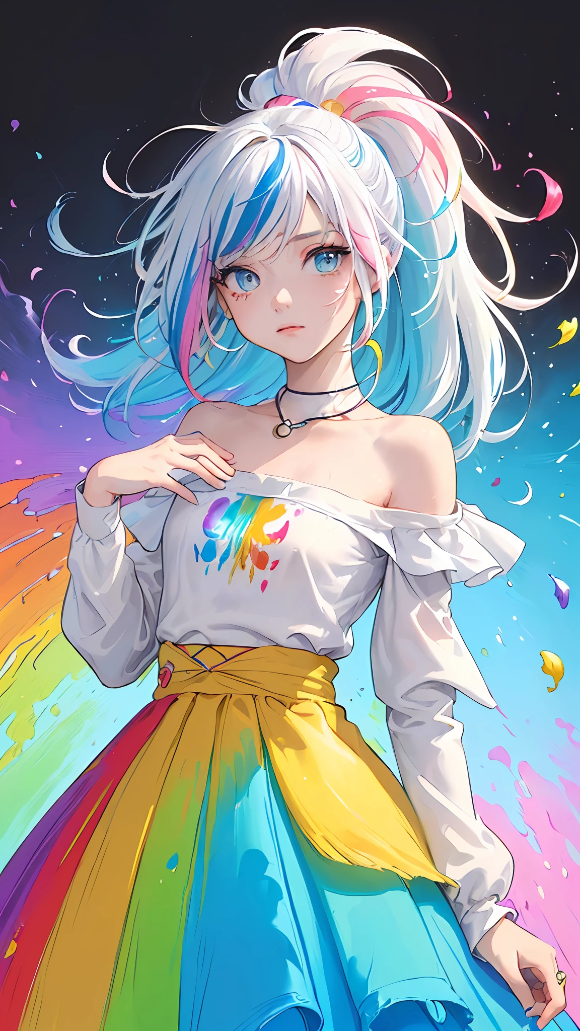 (Pink Fashion T-shirt:1.9),(Colorful hair: 1.8), (all the colours of the rainbow: 1.8),(((((vertical painting:1.6))), (painting:1.6),front, comics, illustrations, paintings, large eyes, crystal clear eyes,( rainbow color gradient high ponytail:1.7), exquisite makeup, closed mouth,(Small Fresh: 1.5),(Wipe Chest: 1.6) ,long eyelashes, white off shoulder T-shirt, White Shoulder Shirt,looking at the audience, large watery eyes, (rainbow colored hair:1.6), color splash, (solo:1.8), color splash, color explosion, thick paint style, messy lines, ((shining)),(colorful), (colorful), (colorful), colorful, Thick Paint Style, (Splash) (Color Splash), Vertical Painting, Upper Body, Paint Splash, Acrylic Pigment, Gradient, Paint, Highest Image Quality, Highest Quality, Masterpiece, Solo, Depth of Field, Face Paint, colorful clothes, (Elegant: 1.2), gorgeous,long hair, wind, (Elegant: 1.3), (Petals: 1.4),(((masterpiece))),(((best quality))),((ultra-detailed)),(illustration),(dynamic angle),((floating)),(paint),((disheveled hair)),(solo),(1girl) , (((detailed anima face))),((beautiful detailed face)),collar,bare shoulders,white hair, ((colorful hair)),((streaked hair)),beautiful detailed eyes,(Gradient color eyes),(((colorful eyes))),(((colorful background))),(((high saturation))),(((surrounded by colorful splashes))),