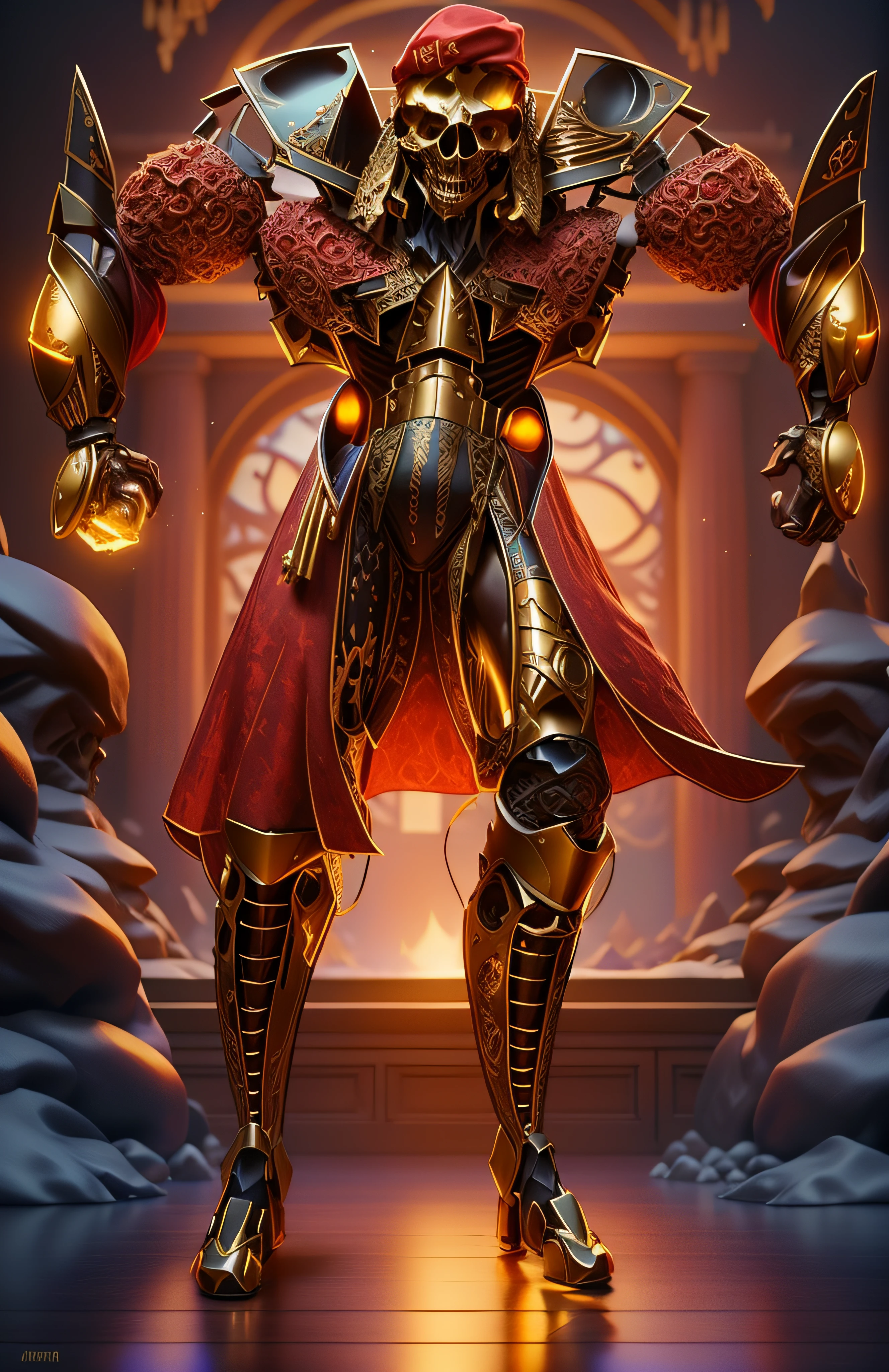 The sinister depiction of a skull-themed pirate, vermelho luminoso com dourado, pele feita de neon amarelo, in fighting positions like those of the fighters in the game Street Fighter VI, 3D-rendering, Hyper-realistic graphics, 3D-rendering, 8k, NVIDIA, RTX 4090 | | | | | | | | | | | | | |, ray tracing, Bokeh, Galaxy scenery,