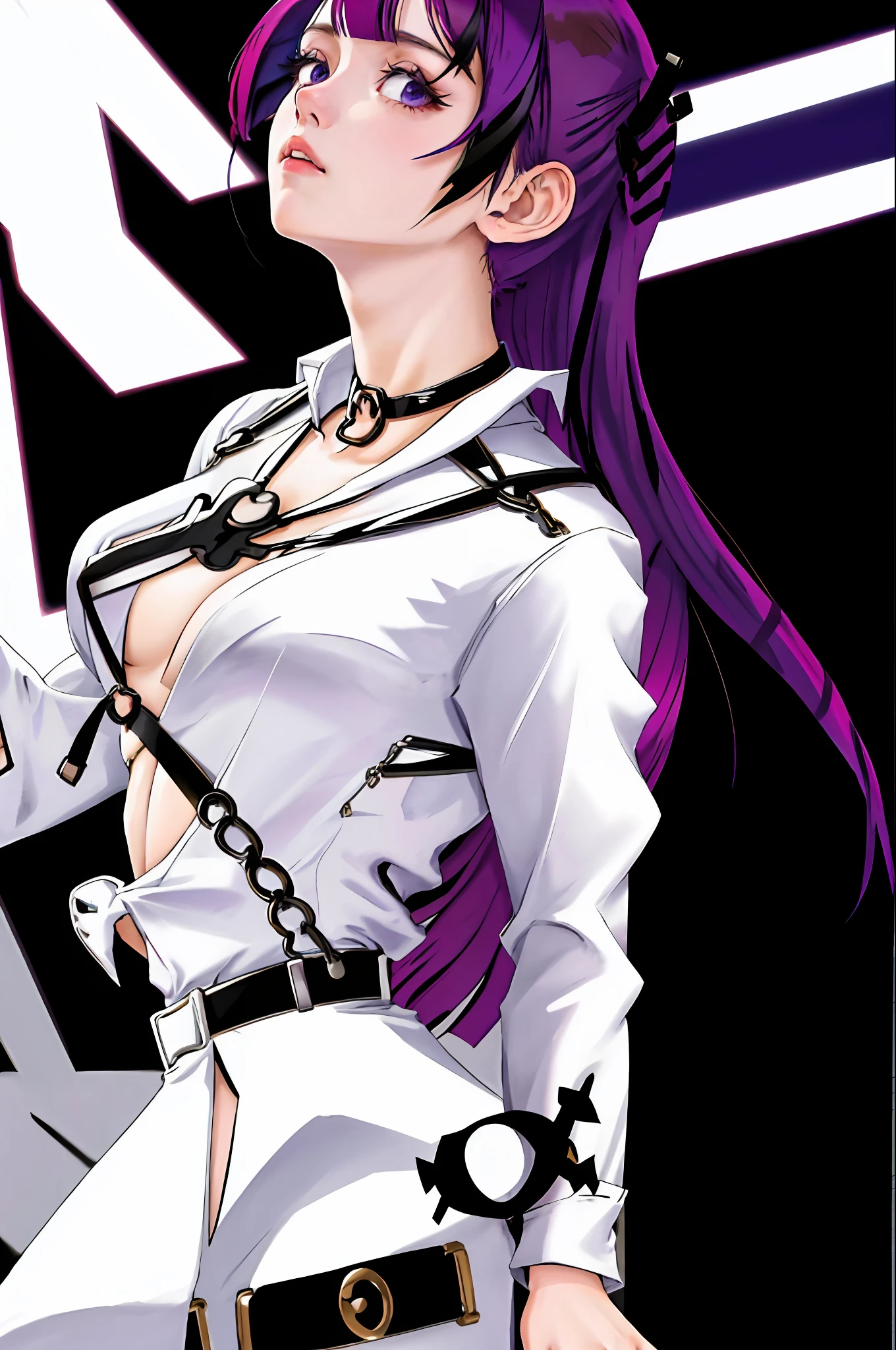 best quality, masterpiece, 1girl, solo, yamazaki an, (streaked hair:0.75), choker, necktie, (untucked shirt), (plaid skirt:0.75), ????? harness