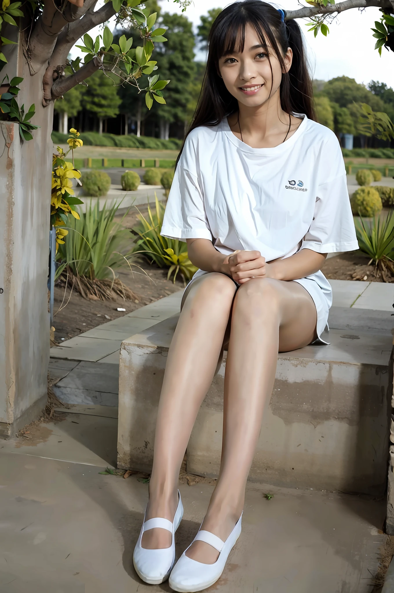 (8K, RAW photo, Best quality, Masterpiece:1.2), (Realistic, photo-realistic:1.3), Ultra-detailed, Beautiful detailed girl, Cute, Solo, (whole body picture), (Laugh without stopping:1.1), Beautiful face, view the viewer, immensity_Breasts, (Large breasts),Beautiful detailed eyes, Hoodie, Yoga pants for, posing on a, the complex background, Outdoors, tree, plant, Building, the complex background,