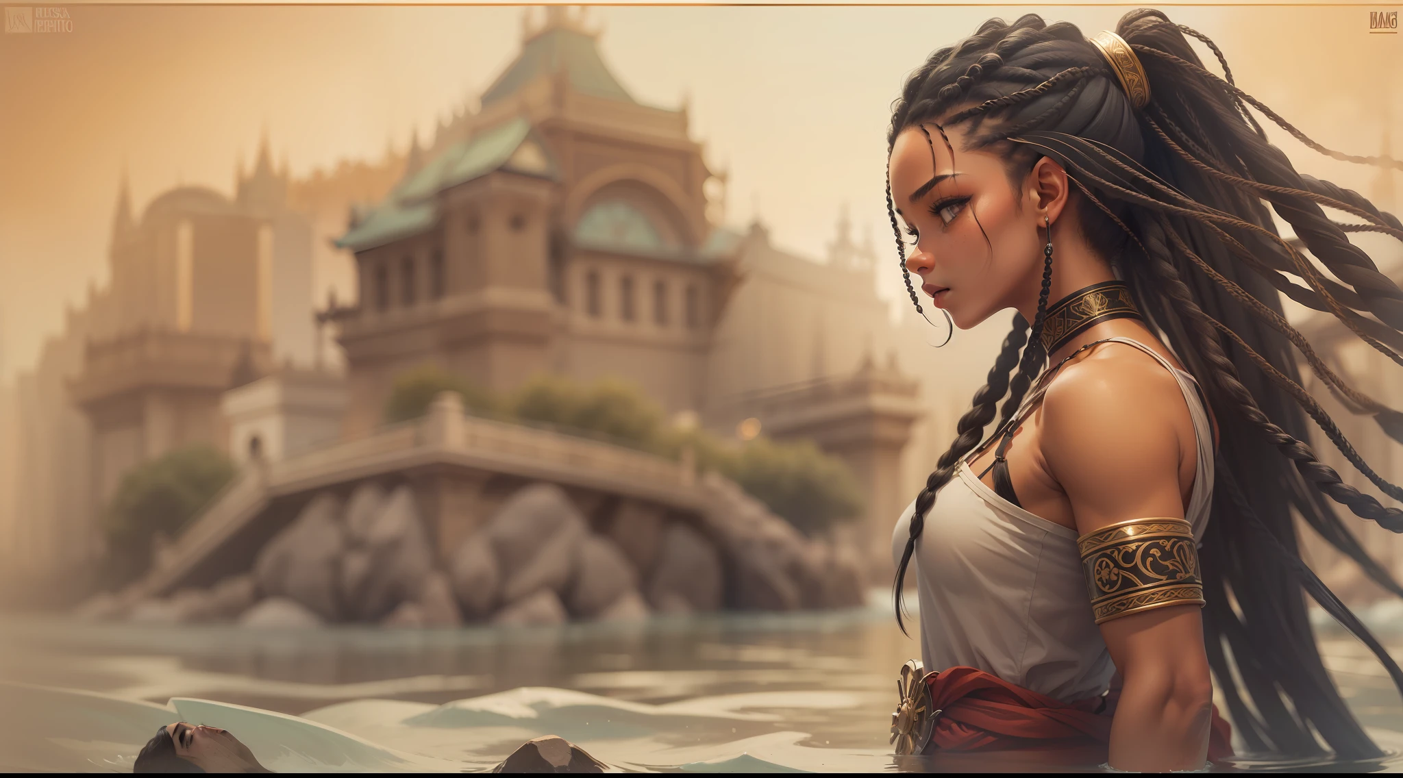 Uma jovem guerreira com longos cabelos pretos sentada em um mosteiro: Em um mosteiro sereno aninhado em meio a montanhas imponentes, There's a young warrior with fluttering ebony braids that fall like a river of darkness down her back. His delicate features are adorned with a determined expression, mas suave, reminiscent of the inner strength that resides within him. Disguised in the tranquility of his surroundings