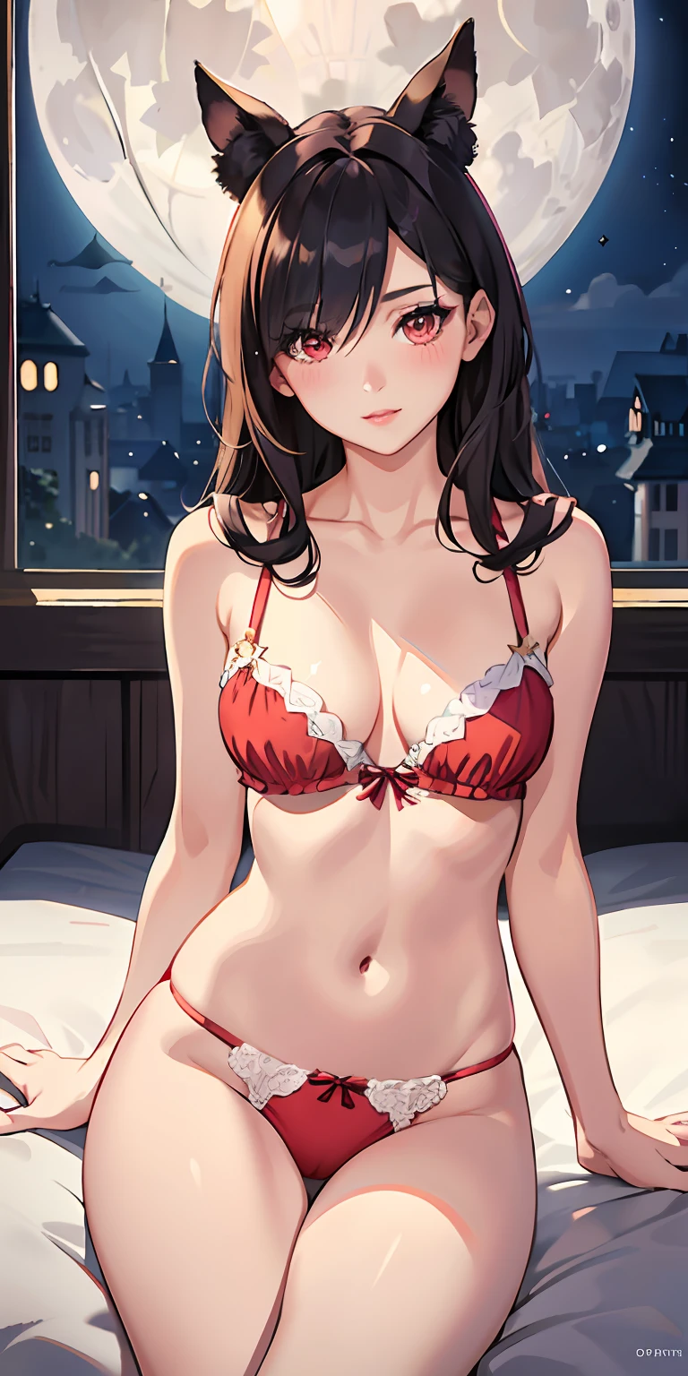 realistic, 1girl, hair over one eye, parted lips, blush, makeup, light smile, pajamas, glow, thighs, red eyes, collarbone, narrow waist, bedroom, window, moon, on side, (masterpiece), television, wallpaper, moonlight, underwear,