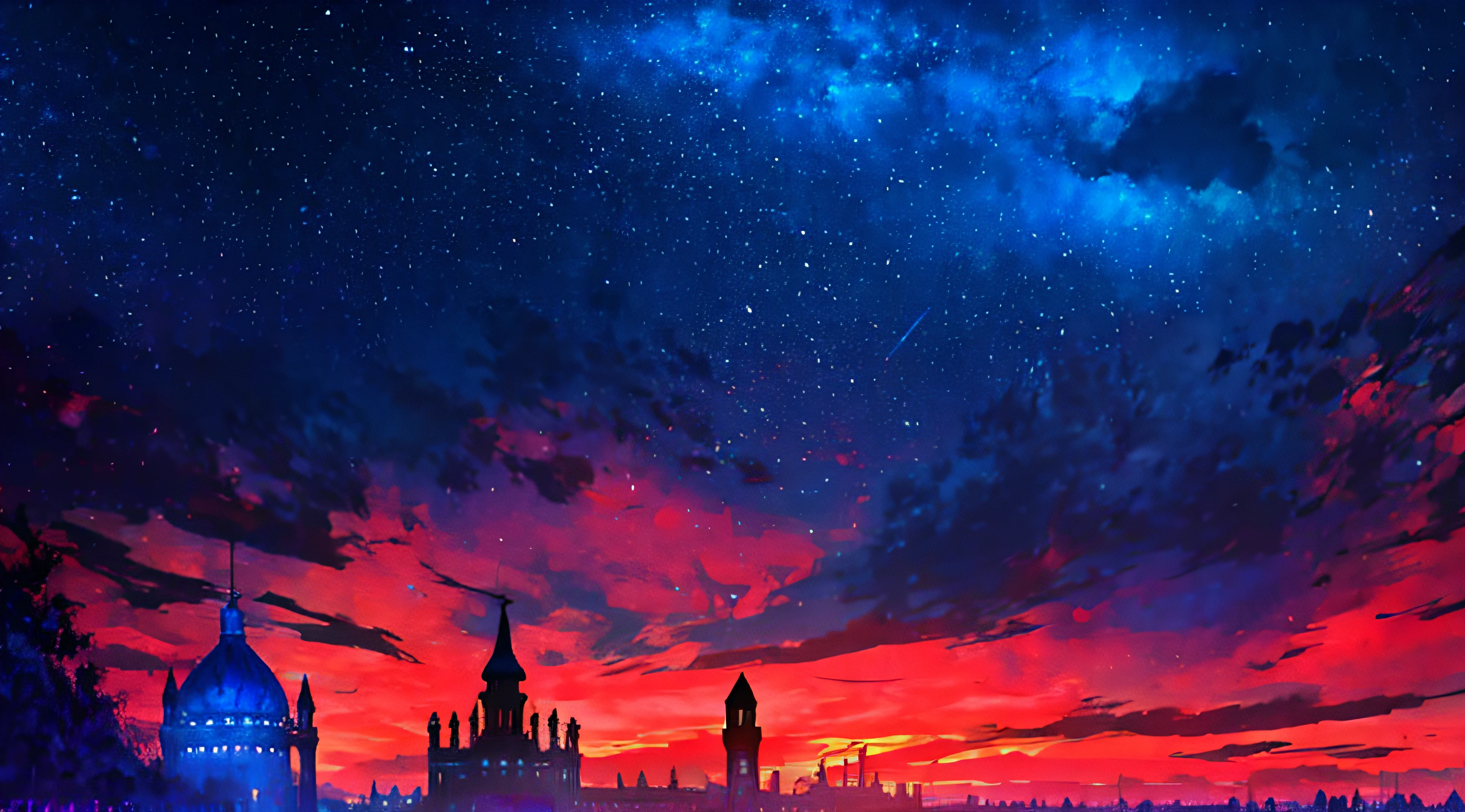 towers of god, blue towers, violet, blue, red, god, red sky, violet sky, starry sky, stars, starry towers, starry god, light blue, civilization, order