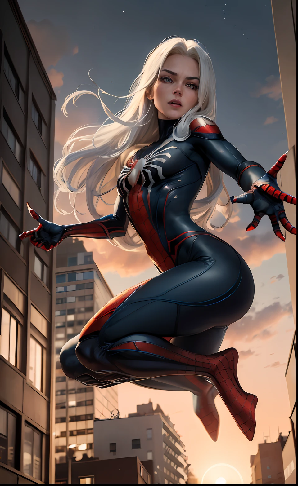 (Meisterwerk, 4K分辨率, ultrarealistisch, sehr detailliert), (White superhero theme, charismatisch, there's a girl on top of town, wearing a Spider-Man costume, sie ist eine Superheldin), [ ((25 Jahre), (Long white hair: 1,2), full-body, (blaue Augen:1,2), ((Spider-Man-Pose),Machtdemonstration, Jumping from one building to another), ((sandy urban environment):0,8)| (Stadtbild, nachts, dynamische Lichter), (Vollmond))] # Explanation: The Prompt mainly describes a 4K painting in ultra-high definition, sehr realistisch, sehr detailliert. Es zeigt eine Superheldin an der Spitze der Stadt, who wears a Spider-Man costume. The theme in the painting is a white superhero theme, the female protagonist has long white hair, is 25 years old and her entire body is shown in the painting. Um die Handlungen von Superheldinnen darzustellen, werden Spinnen eingesetzt,