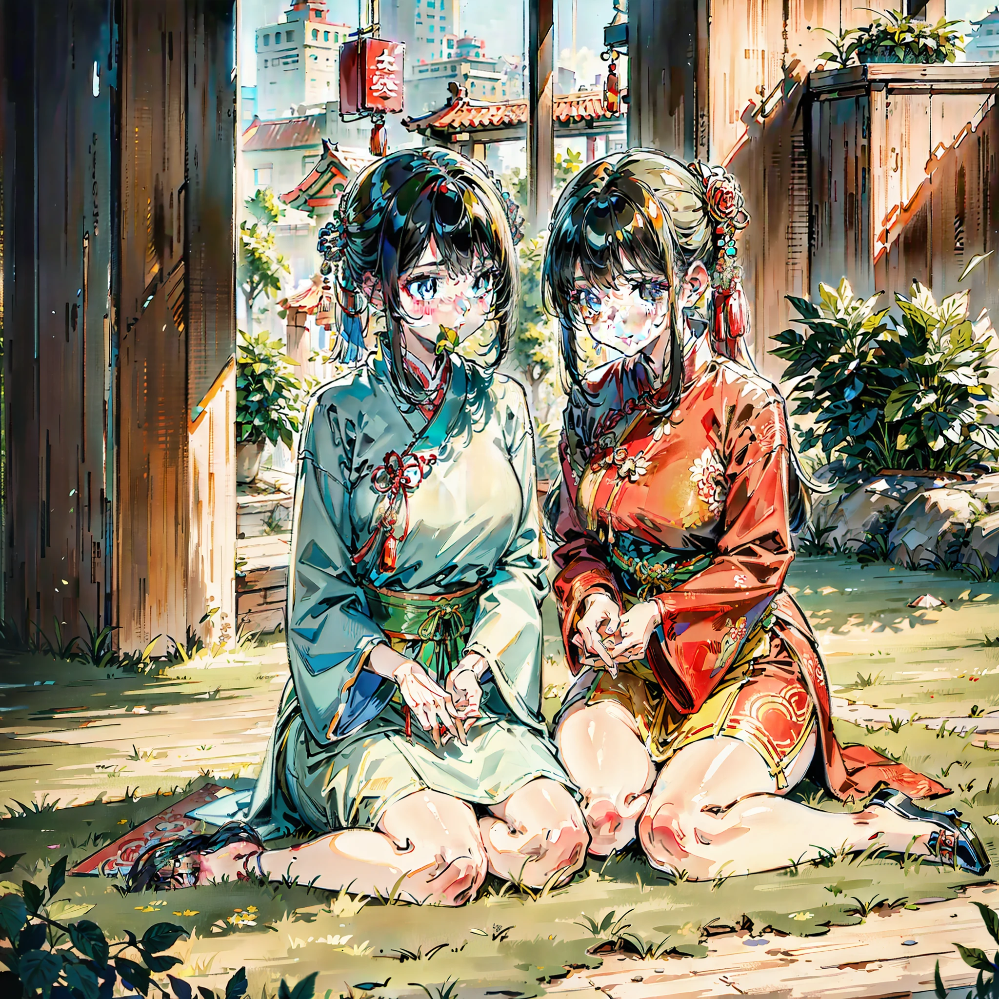 Ancient Chinese maidens sit on the ground with their cheeks propped up