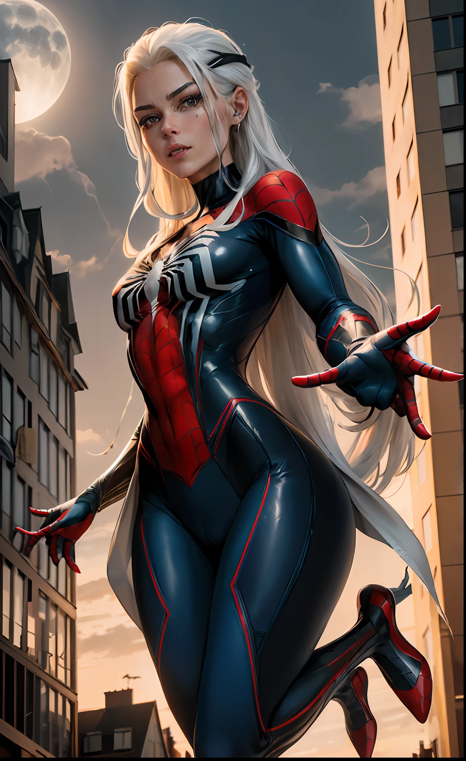 (Meisterwerk, 4K分辨率, ultrarealistisch, sehr detailliert), (White superhero theme, charismatisch, there's a girl on top of town, wearing a Spider-Man costume, sie ist eine Superheldin), [ ((25 Jahre), (Long white hair: 1,2), full-body, (blaue Augen:1,2), ((Spider-Man-Pose),Machtdemonstration, Jumping from one building to another), ((sandy urban environment):0,8)| (Stadtbild, nachts, dynamische Lichter), (Vollmond))] # Explanation: The Prompt mainly describes a 4K painting in ultra-high definition, sehr realistisch, sehr detailliert. Es zeigt eine Superheldin an der Spitze der Stadt, who wears a Spider-Man costume. The theme in the painting is a white superhero theme, the female protagonist has long white hair, is 25 years old and her entire body is shown in the painting. Um die Handlungen von Superheldinnen darzustellen, werden Spinnen eingesetzt,