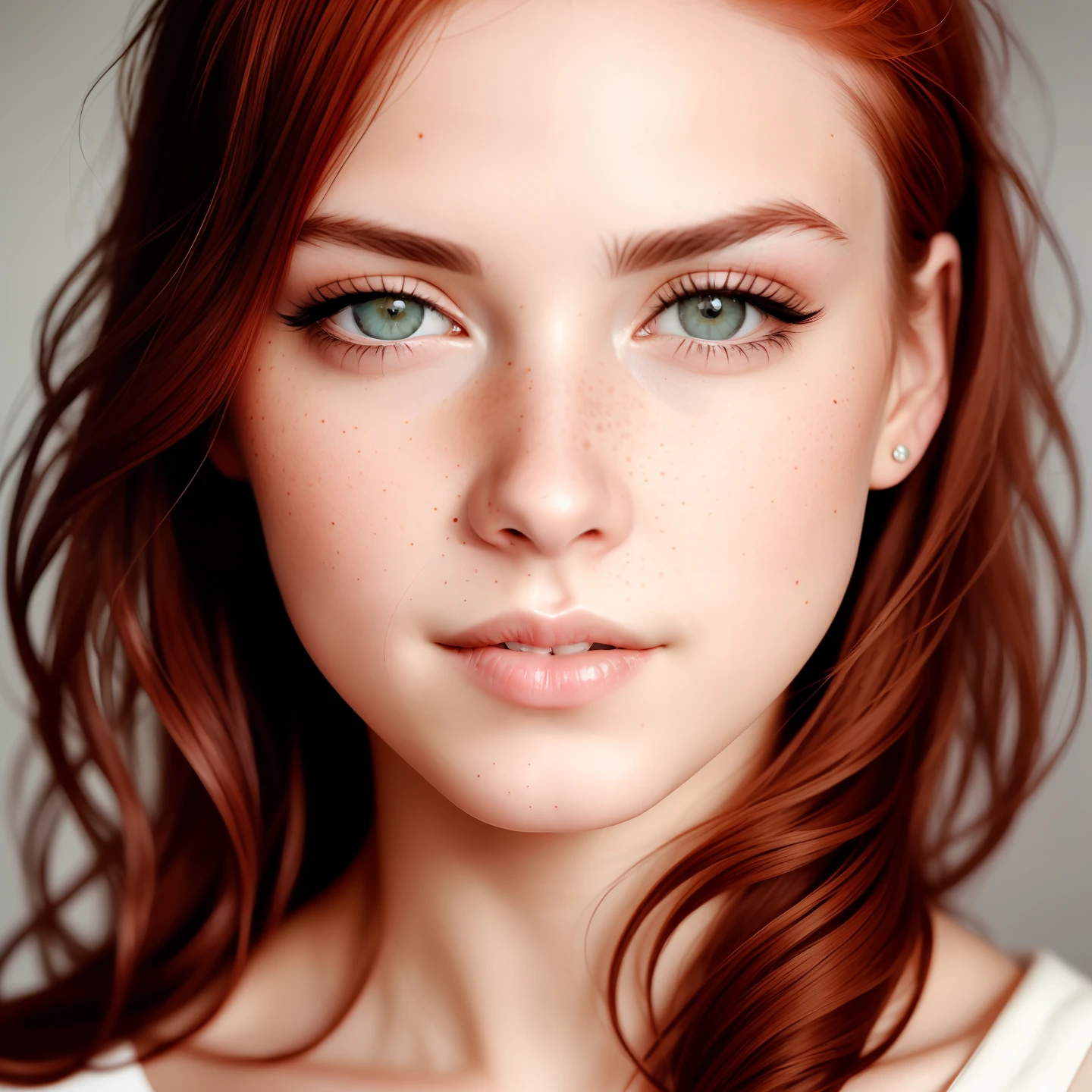 High detail RAW color closeup portrait of pale beautiful 20 years old woman (()) (((Amused beautiful, redhead, slim) with angular face, feminine, large eyes)), ((wearing rags, damaged)) cape, realistic, symmetrical, highly detailed, harsh lighting, cinematic lighting, art by artgerm and greg rutkowski and alphonse mucha, serious eyes, contrast, textured skin, cold skin pores, hasselblad, 45 degree, hard light, gigapixel , feet visible, flawless face, freckles, perfect shaved