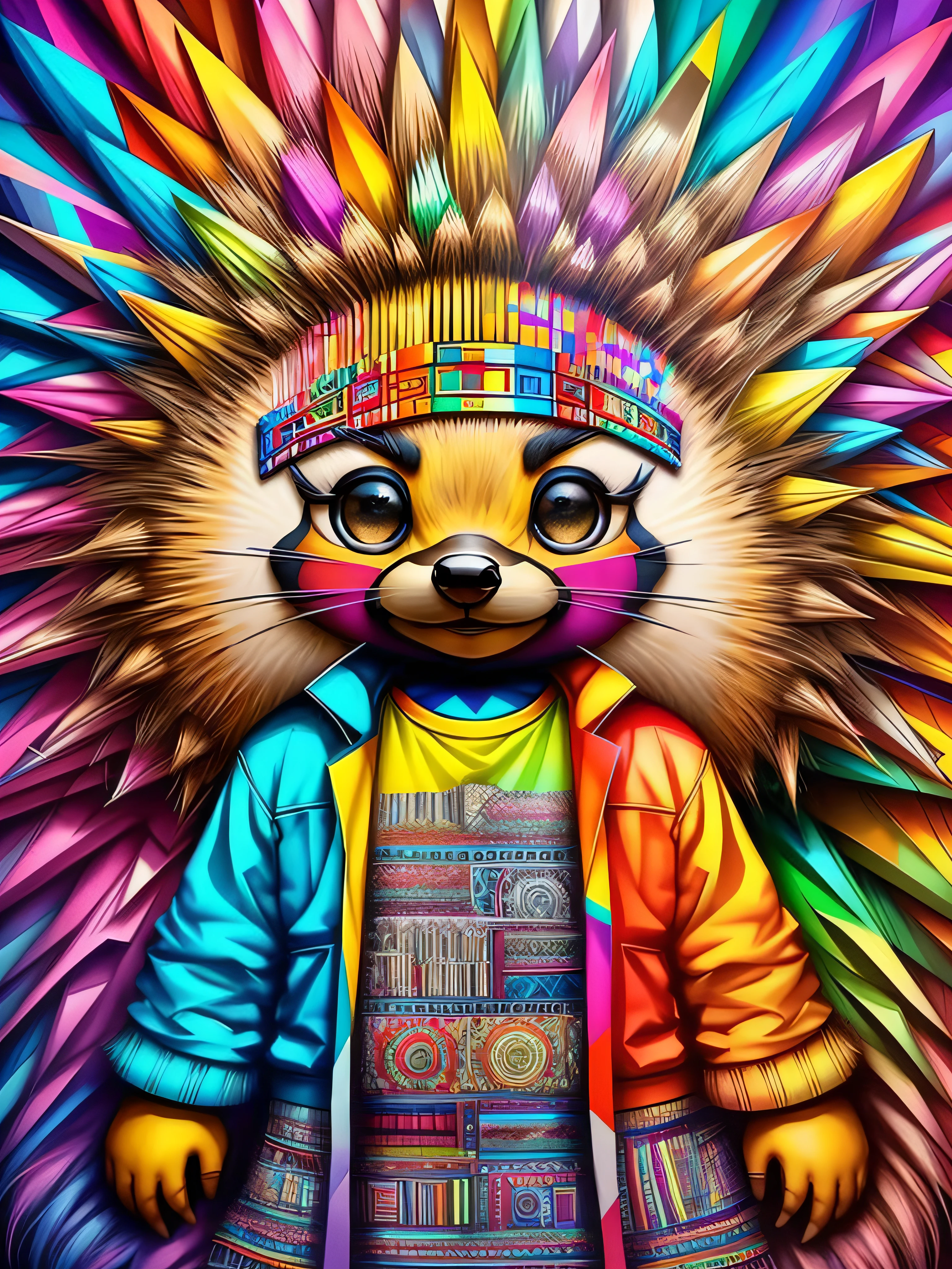(Porcupine (Pithecophaga jefferyi)), Eduardo Kobra acolchoamento ,multidimensional geometric PORTRAIT wall, arte, chibi,
yang016k, lindo, colorido,
obras-primas, qualidade superior, melhor qualidade, arte oficial, beautiful and aesthetic,