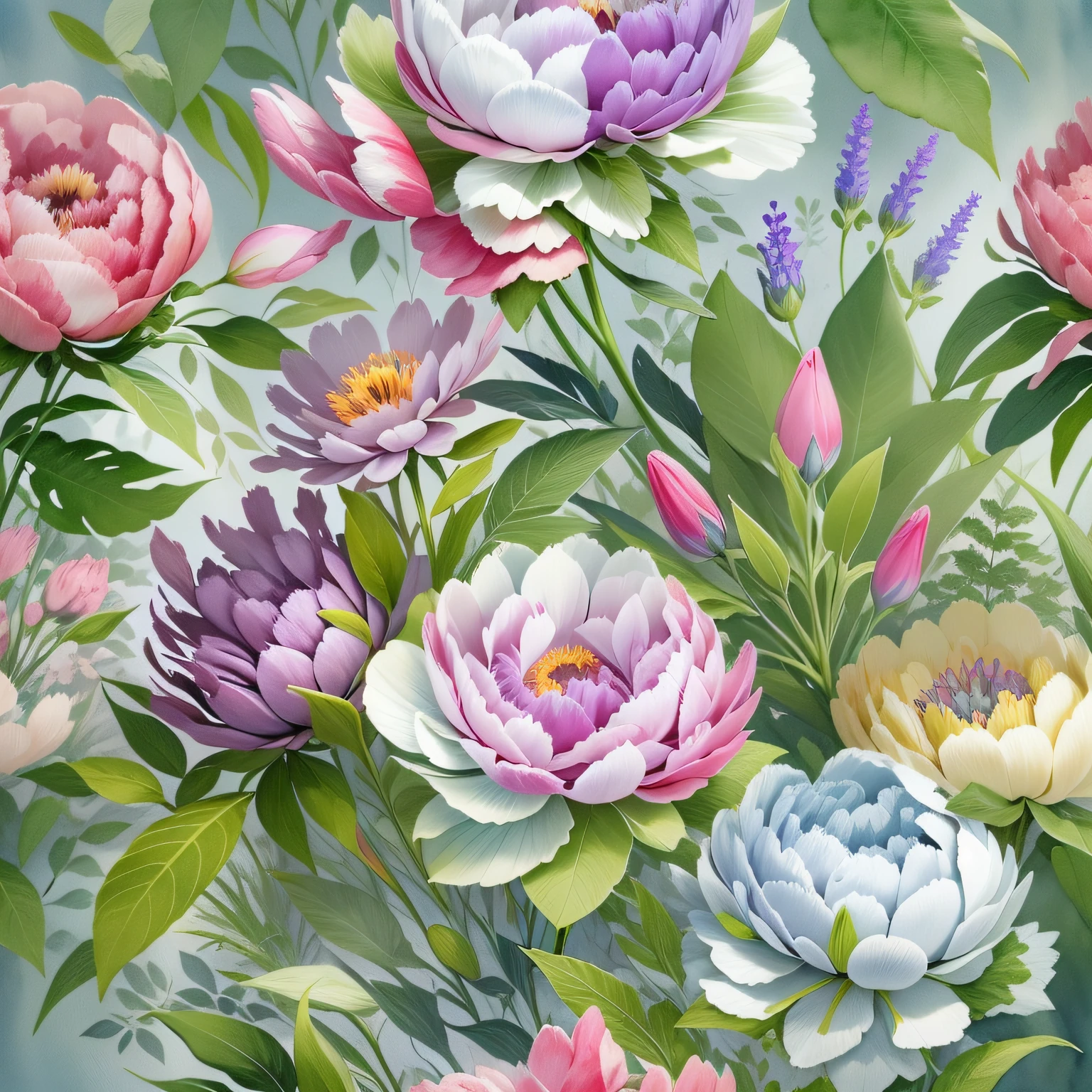 Seamless repeating floral pattern, watercolor abstract, hyperrealistic, Peonies, leaves, plants, wildflowers, light blue, magenta,