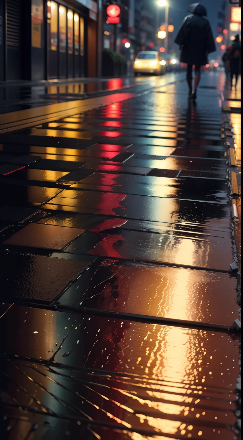 Um guarda-chuva vermelho caindo na rua, cidade de Tokio, noite, chuva, WATER DRIPS, reflections of lights on the floor, luzes neons