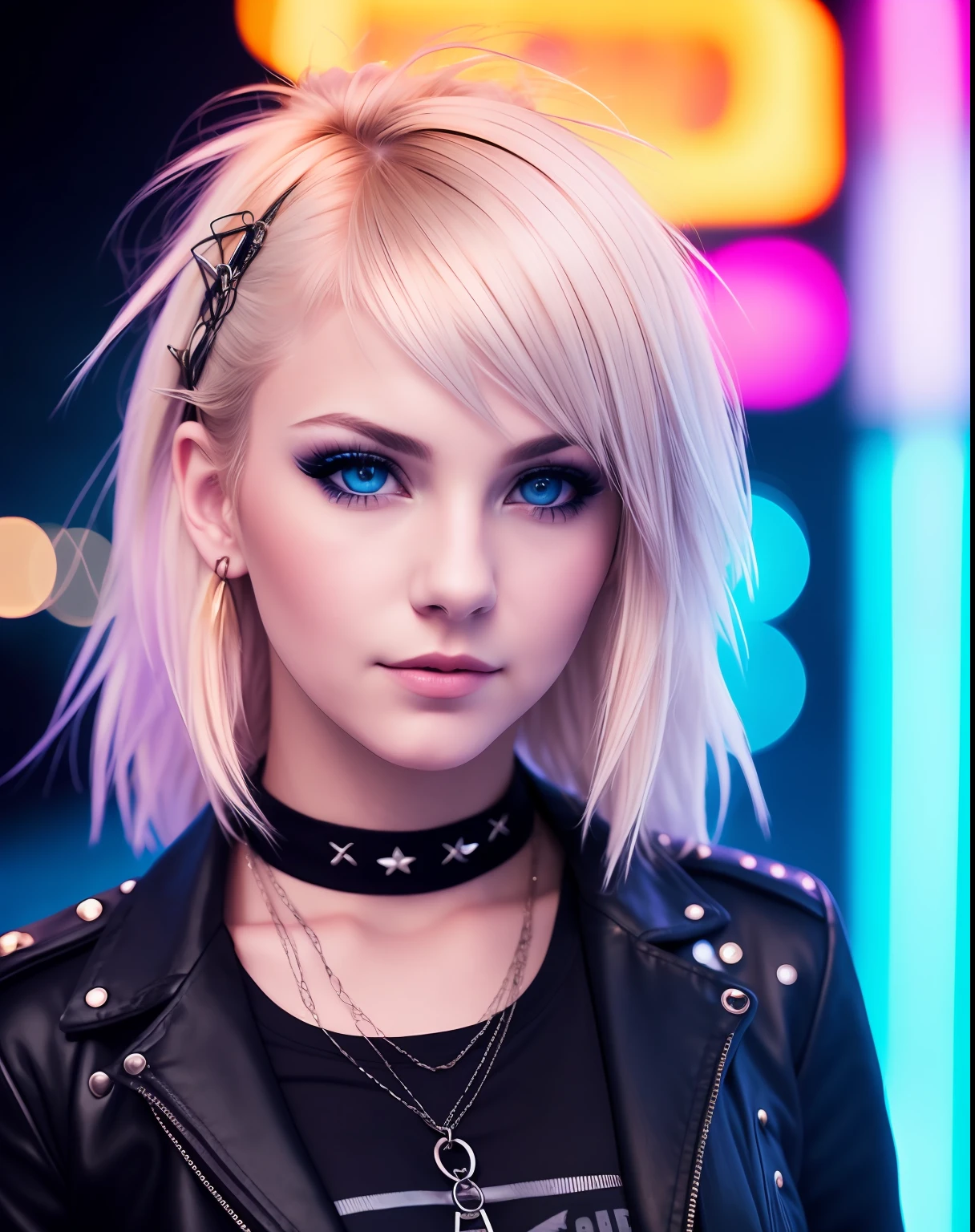 Blonde Punk Woman, blue eyes, with sidecute hair, skin texture, neon lights, night, detail face, detail backgrounds little blur, natural lights, HDR, photo realistic, professional photo, flirt with the viewer, wind