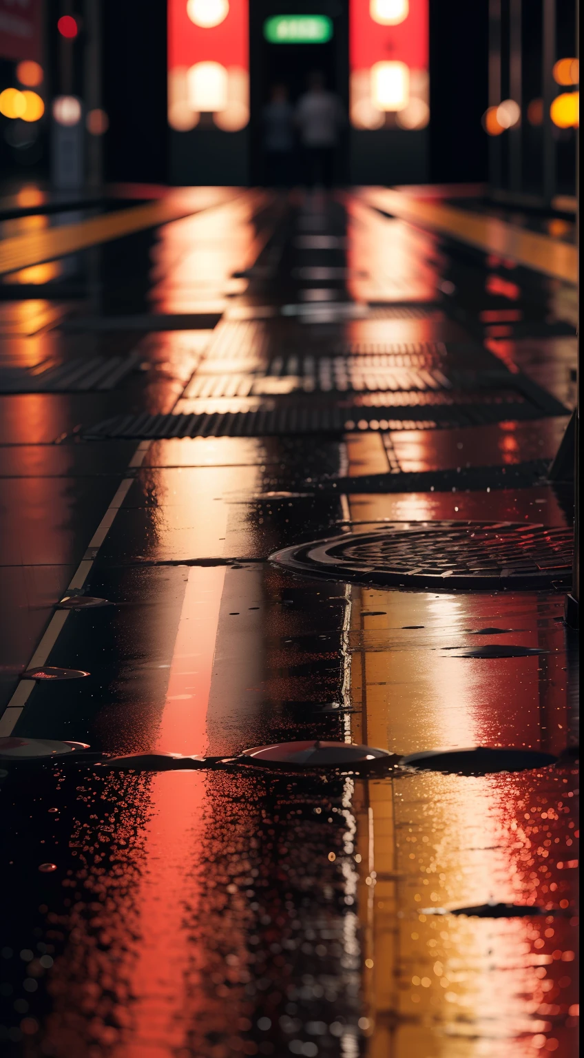 Um guarda-chuva vermelho caindo na rua, cidade de Tokio, noite, chuva, WATER DRIPS, reflections of lights on the floor, luzes neons