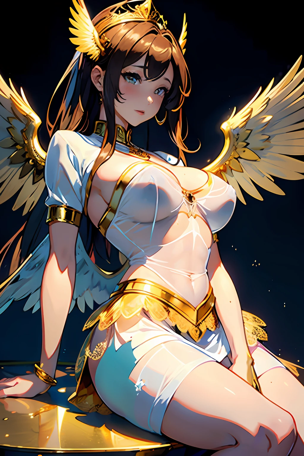 "There are (((beautiful girl 35 years old))) (((with wings and a golden armor))) (((transparent white miniskirt, with golden lace))), sitting on a golden throne, with a trident and a crown, tight T-shirt, fantasy, with brown hair. ((Vagina remarked)). Note "even the smallest details of the image, especially the details of the eyes, Emphasizing realism. This official Unreal Art Wallpaper (8k) is a highly detailed, beautifully rendered, aesthetic masterpiece of the highest quality. The use of dynamic angles shows the elegance and romanticism of the image. This character has large breasts, ((No panties))". Stockings, tight transparent silk, super slim clothes, ((remarked vagina)), ((visible exposed nipples)) visible navel, open legs, erotic lingerie (remarked nipples) ((transparent silk miniskirt)) ((blushing)) ((happy)) ((big breasts)) erotic pose.