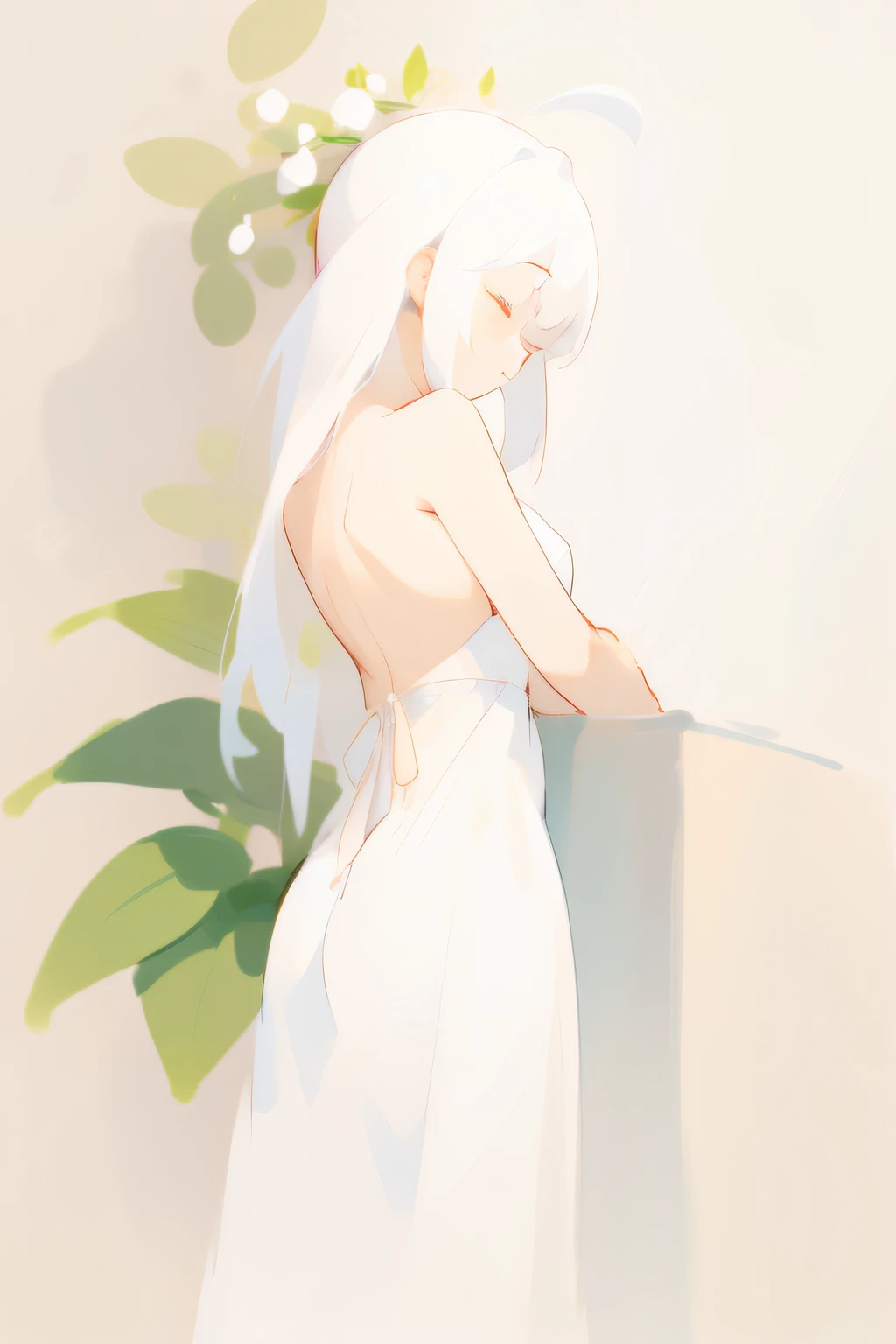 abstract illustration, natural color, low contrast, simple white background, best light, best shadow, beautiful illumination, of the highest quality, masterpiece, simple structure, high resolution, lily of the valley, Blooms white flowers, 1girl in, solo, backless dress, the upper part of the body, back, from the right side, beautiful face, look away, close eyes, long white hair, flower ornament in hair,