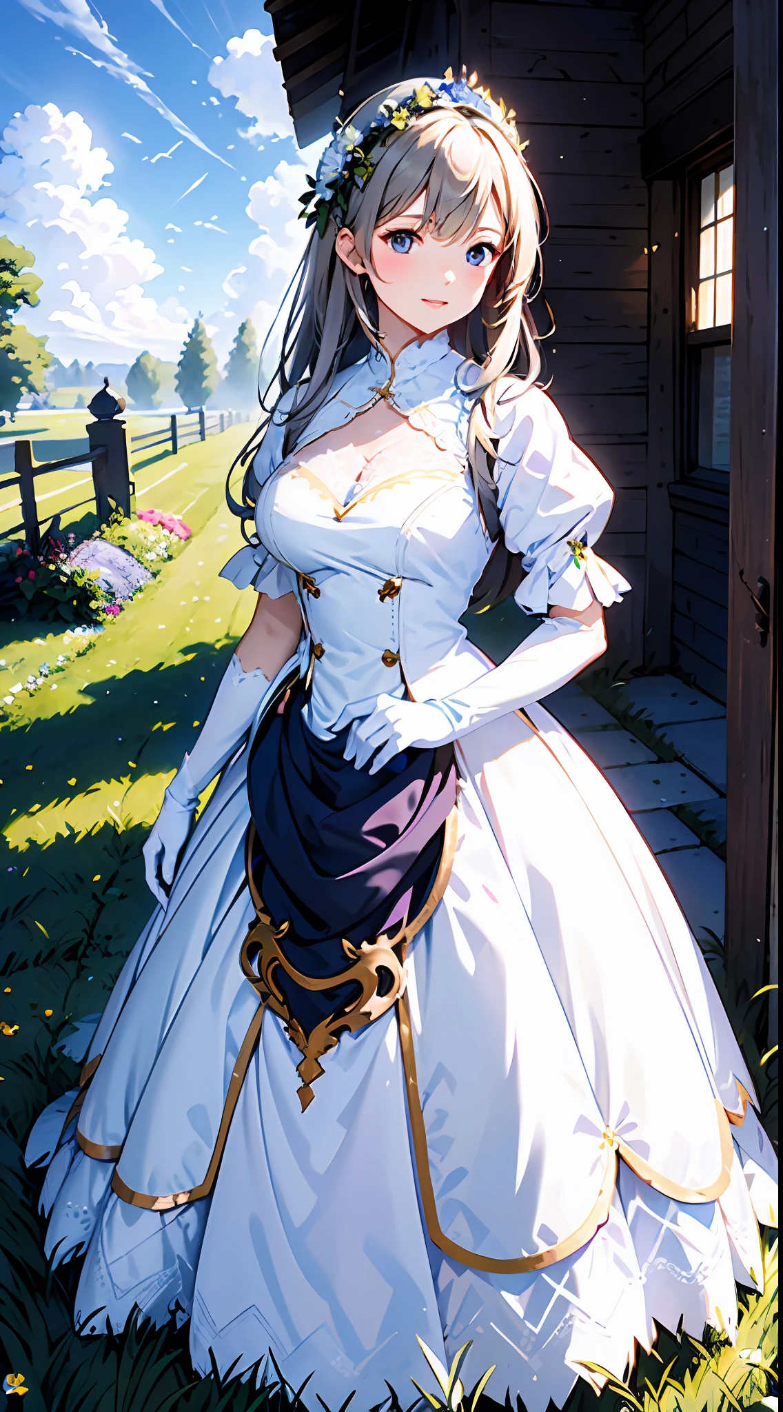 Blue sky and clouds in background, wears a white dress，Purple lace，（White lace gloves，Purple lace），There are flowers on it, Art germ, Rosla global lighting, a detailed painting, Fantasy art,Lace gloves