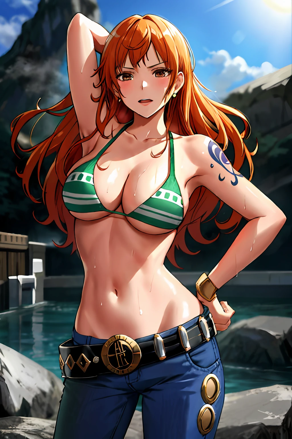 detailed background, masterpiece, 4k, best quality, late youth, adult, wrestler body, 1girl, active, energic, uppercut, (large mouth) , solo, nami \(one piece\), 1girl, bangle, (very wet, drenched in sweat, sweat all over body, very wet hair, tired, taking breath, open mouth, exhausted, shouting, sweaty face, sweaty body, panting, sweating too much, shiny sweat, sweaty armpit, leaning, hands on hips, serious, glaring), perfect detailed face, bold drawing lines, muscular arms, detailed bold arm lines, flat jaw, adult woman, wavy wide streaked bangs, floating bang, (big cheeks), bare shoulders, off-shoulders, belt, bikini, bikini top only, blue sky, bracelet, springy breasts, breast lines, big round eyes, very big brown shiny eyes, bubbles, high eye position, cleavage, cloud, day, denim, earrings, floating hair, shiny hair, green belt, green bikini, bold groin lines, jeans, jewelry, medium breasts, log pose, long hair, looking at viewer, navel, wet hair, orange hair, pants, shoulder tattoo, sidelocks, sky, solo, standing, stomach, swimsuit, tattoo , looking at viewer, open mouth, detailed left arm, big forehead, hourglass figure, small head, toned body, wide hair, wind effect, sun effect, under the sun, narrow small ears angle, older, random poses,