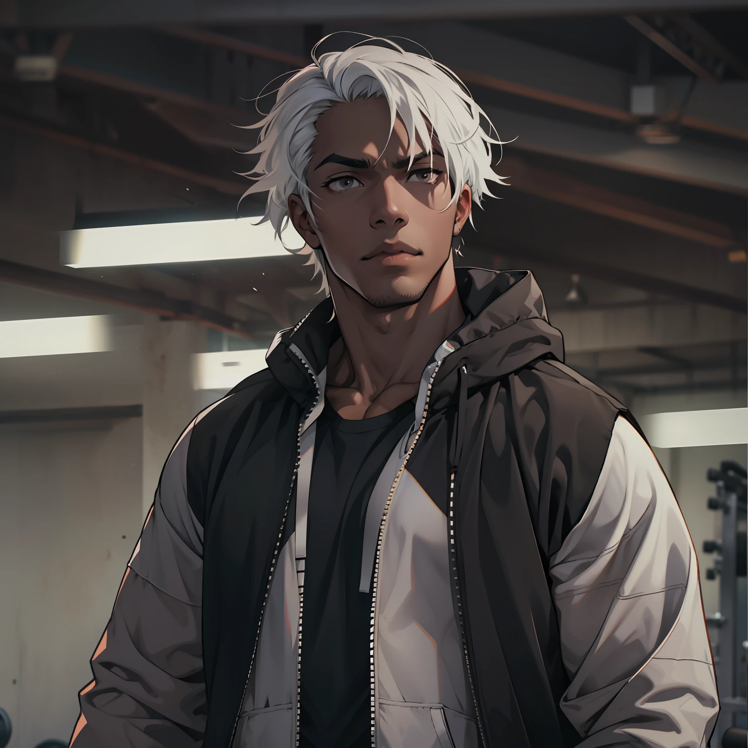 A guy standing with black eyes white hair and brown skin and a dark gym type outfit