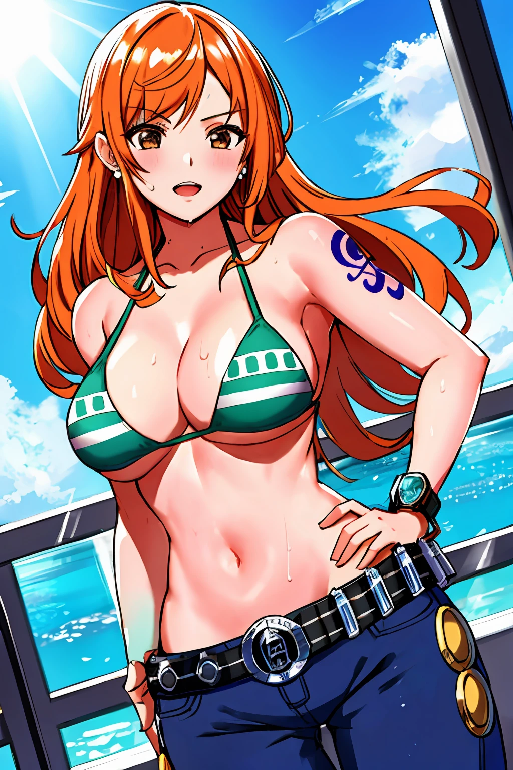 detailed background, masterpiece, 4k, best quality, late youth, adult, wrestler body, 1girl, active, energic, uppercut, (large mouth) , solo, nami \(one piece\), 1girl, bangle, (very wet, drenched in sweat, sweat all over body, very wet hair, tired, taking breath, open mouth, exhausted, shouting, sweaty face, sweaty body, panting, sweating too much, shiny sweat, sweaty armpit, leaning, hands on hips, serious, glaring), perfect detailed face, bold drawing lines, muscular arms, detailed bold arm lines, flat jaw, adult woman, wavy wide streaked bangs, floating bang, (big cheeks), bare shoulders, off-shoulders, belt, bikini, bikini top only, blue sky, bracelet, springy breasts, breast lines, big round eyes, very big brown shiny eyes, bubbles, high eye position, cleavage, cloud, day, denim, earrings, floating hair, shiny hair, green belt, green bikini, bold groin lines, jeans, jewelry, medium breasts, log pose, long hair, looking at viewer, navel, wet hair, orange hair, pants, shoulder tattoo, sidelocks, sky, solo, standing, stomach, swimsuit, tattoo , looking at viewer, open mouth, detailed left arm, big forehead, hourglass figure, small head, toned body, wide hair, wind effect, sun effect, under the sun, narrow small ears angle, older, random poses,