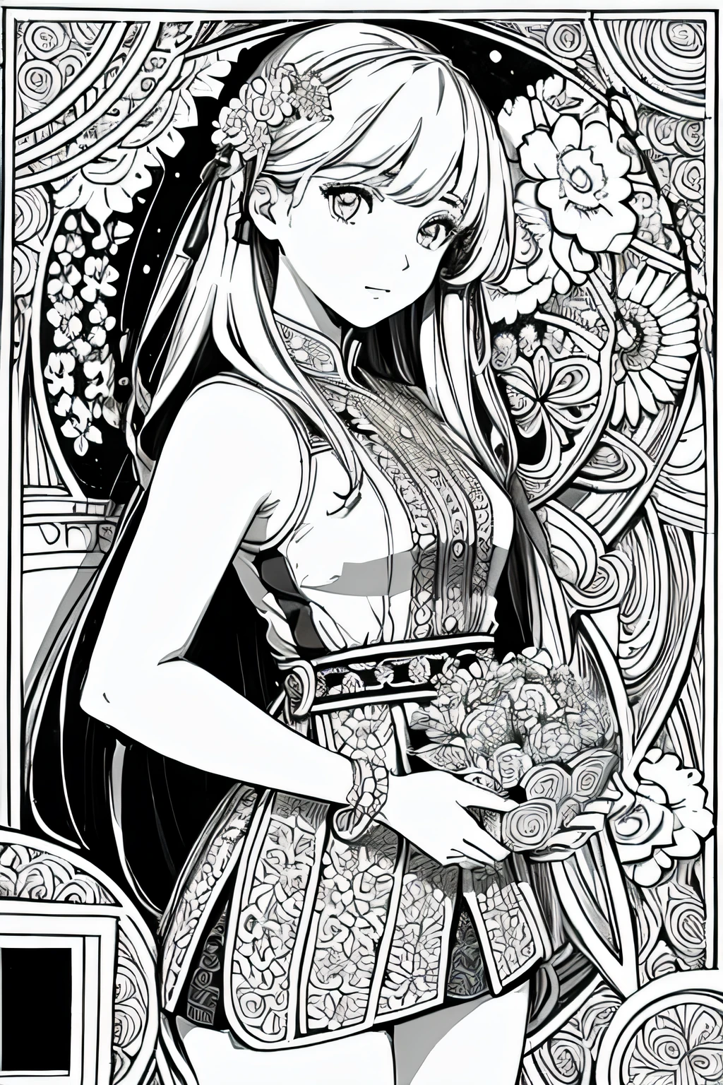 Masterpiece, best quality, (detailed background), high contrast, 1 girl, mandala style flower background, (bunch of flowers:1.3), (zentangle:1.2), (geometric:1.2) sketch, monochrome, clean line drawings for coloring book