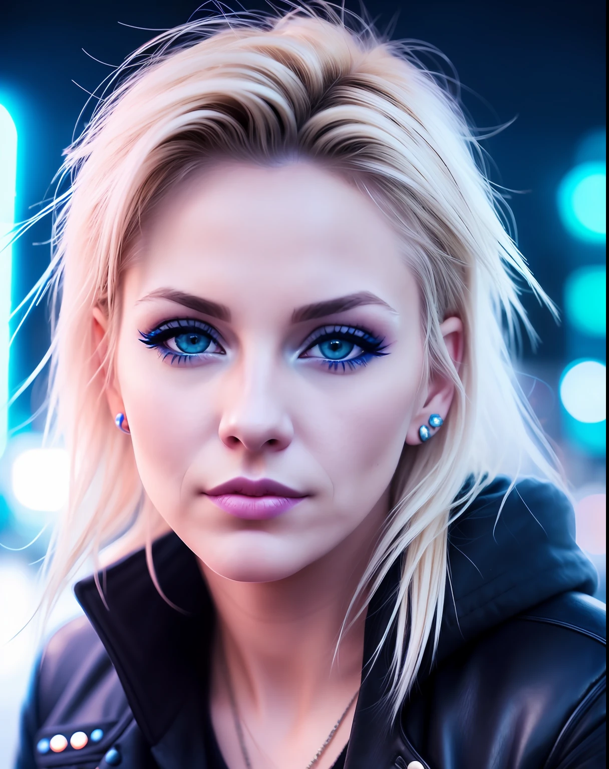 Blonde Punk Woman, 40 years old, big lips, blue eyes, with sidecute hair, skin texture, neon lights, night, detail face, detail backgrounds little blur, natural lights, HDR, photo realistic, professional photo, flirt with the viewer, wind