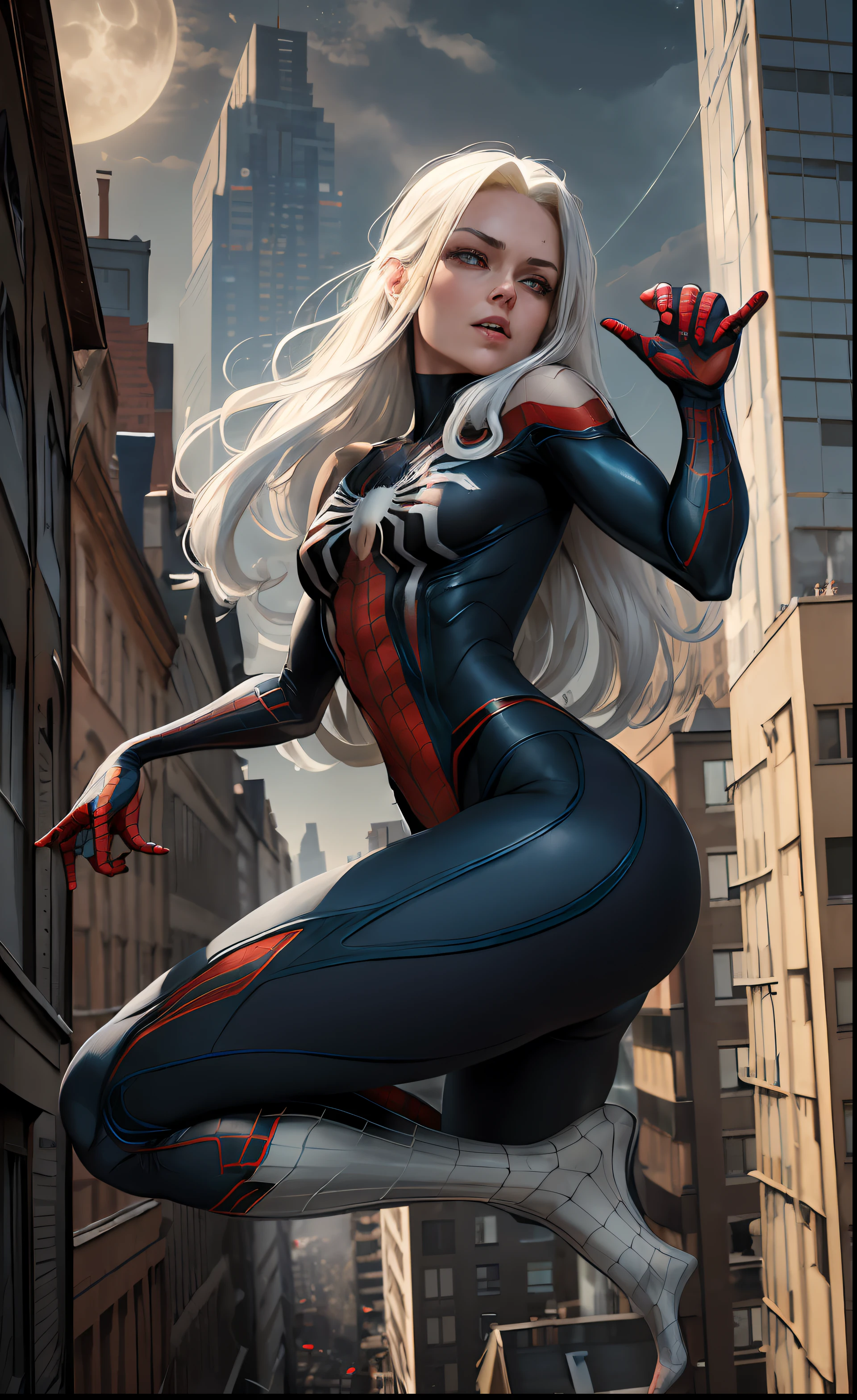 (Meisterwerk, 4K分辨率, ultrarealistisch, sehr detailliert), (White superhero theme, charismatisch, there's a girl on top of town, wearing a Spider-Man costume, sie ist eine Superheldin), [ ((25 Jahre), (Long white hair: 1,2), full-body, (blaue Augen:1,2), ((Spider-Man-Pose),Machtdemonstration, Jumping from one building to another), ((sandy urban environment):0,8)| (Stadtbild, nachts, dynamische Lichter), (Vollmond))] # Explanation: The Prompt mainly describes a 4K painting in ultra-high definition, sehr realistisch, sehr detailliert. Es zeigt eine Superheldin an der Spitze der Stadt, who wears a Spider-Man costume. The theme in the painting is a white superhero theme, the female protagonist has long white hair, is 25 years old and her entire body is shown in the painting. Um die Handlungen von Superheldinnen darzustellen, werden Spinnen eingesetzt,