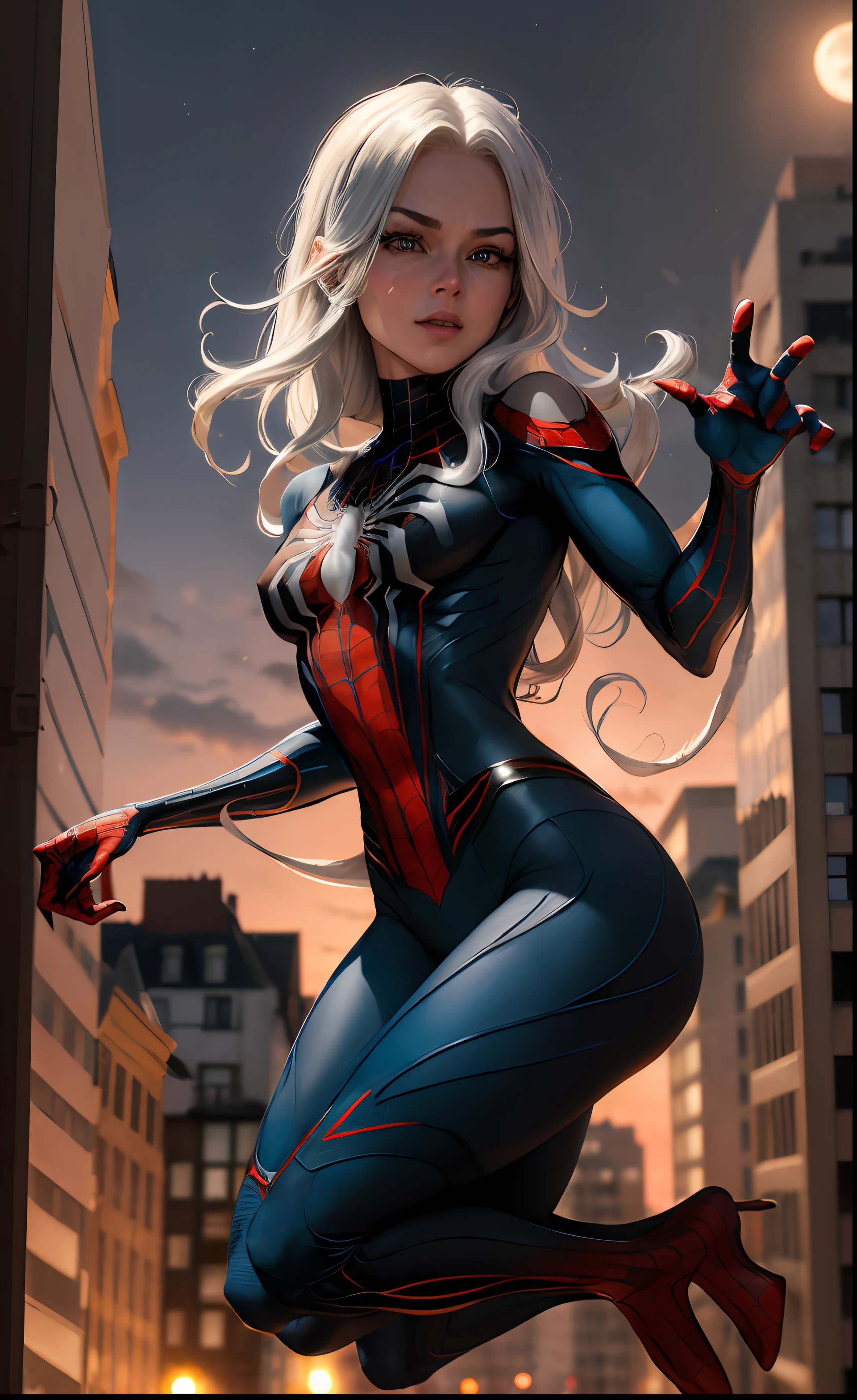 (Meisterwerk, 4K分辨率, ultrarealistisch, sehr detailliert), (White superhero theme, charismatisch, there's a girl on top of town, wearing a Spider-Man costume, sie ist eine Superheldin), [ ((25 Jahre), (Long white hair: 1,2), full-body, (blaue Augen:1,2), ((Spider-Man-Pose),Machtdemonstration, Jumping from one building to another), ((sandy urban environment):0,8)| (Stadtbild, nachts, dynamische Lichter), (Vollmond))] # Explanation: The Prompt mainly describes a 4K painting in ultra-high definition, sehr realistisch, sehr detailliert. Es zeigt eine Superheldin an der Spitze der Stadt, who wears a Spider-Man costume. The theme in the painting is a white superhero theme, the female protagonist has long white hair, is 25 years old and her entire body is shown in the painting. Um die Handlungen von Superheldinnen darzustellen, werden Spinnen eingesetzt,