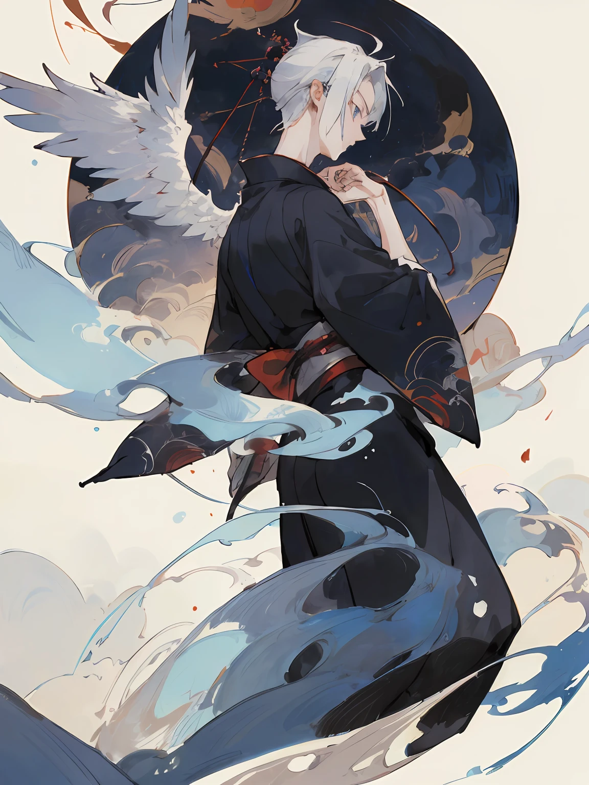 masterpiece, top-quality, hight resolution, 1 male, Do not tie your hair,White hair, Black kimono, From Side, Looks Back, The upper part of the body, Partial immersion, Rose, east asian east asian architecture,Blue eyes,wingspan