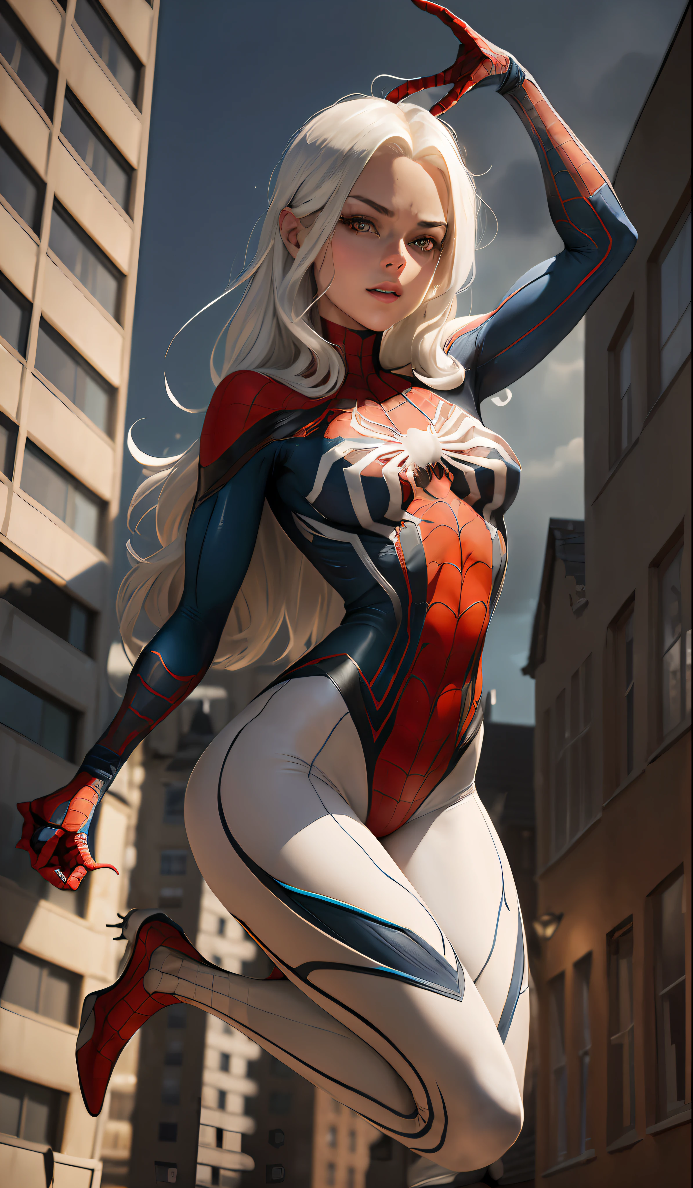 (Meisterwerk, 4K分辨率, ultrarealistisch, sehr detailliert), (White superhero theme, charismatisch, there's a girl on top of town, wearing a Spider-Man costume, sie ist eine Superheldin), [ ((25 Jahre), (Long white hair: 1,2), full-body, (blaue Augen:1,2), ((Spider-Man-Pose),Machtdemonstration, Jumping from one building to another), ((sandy urban environment):0,8)| (Stadtbild, nachts, dynamische Lichter), (Vollmond))] # Explanation: The Prompt mainly describes a 4K painting in ultra-high definition, sehr realistisch, sehr detailliert. Es zeigt eine Superheldin an der Spitze der Stadt, who wears a Spider-Man costume. The theme in the painting is a white superhero theme, the female protagonist has long white hair, is 25 years old and her entire body is shown in the painting. Um die Handlungen von Superheldinnen darzustellen, werden Spinnen eingesetzt hot geil, wundershön, nacht, wow