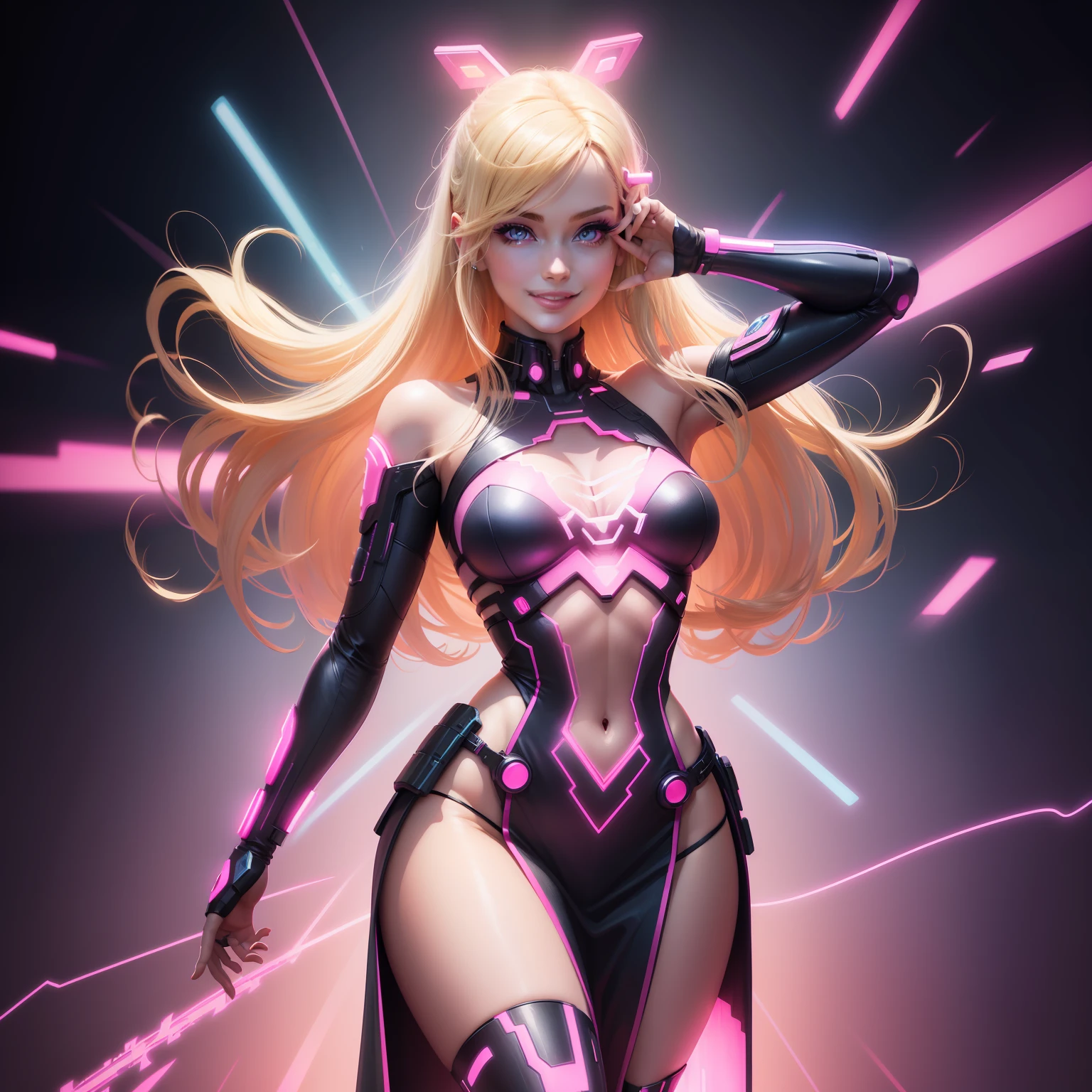 digital illustration, a happy woman with blonde hair, dancing, cyberpunk, dressed in pink, darkened, blue eyes lit up, smiling, open framing, full length. style barbie, details on clothes. angelic beauty.