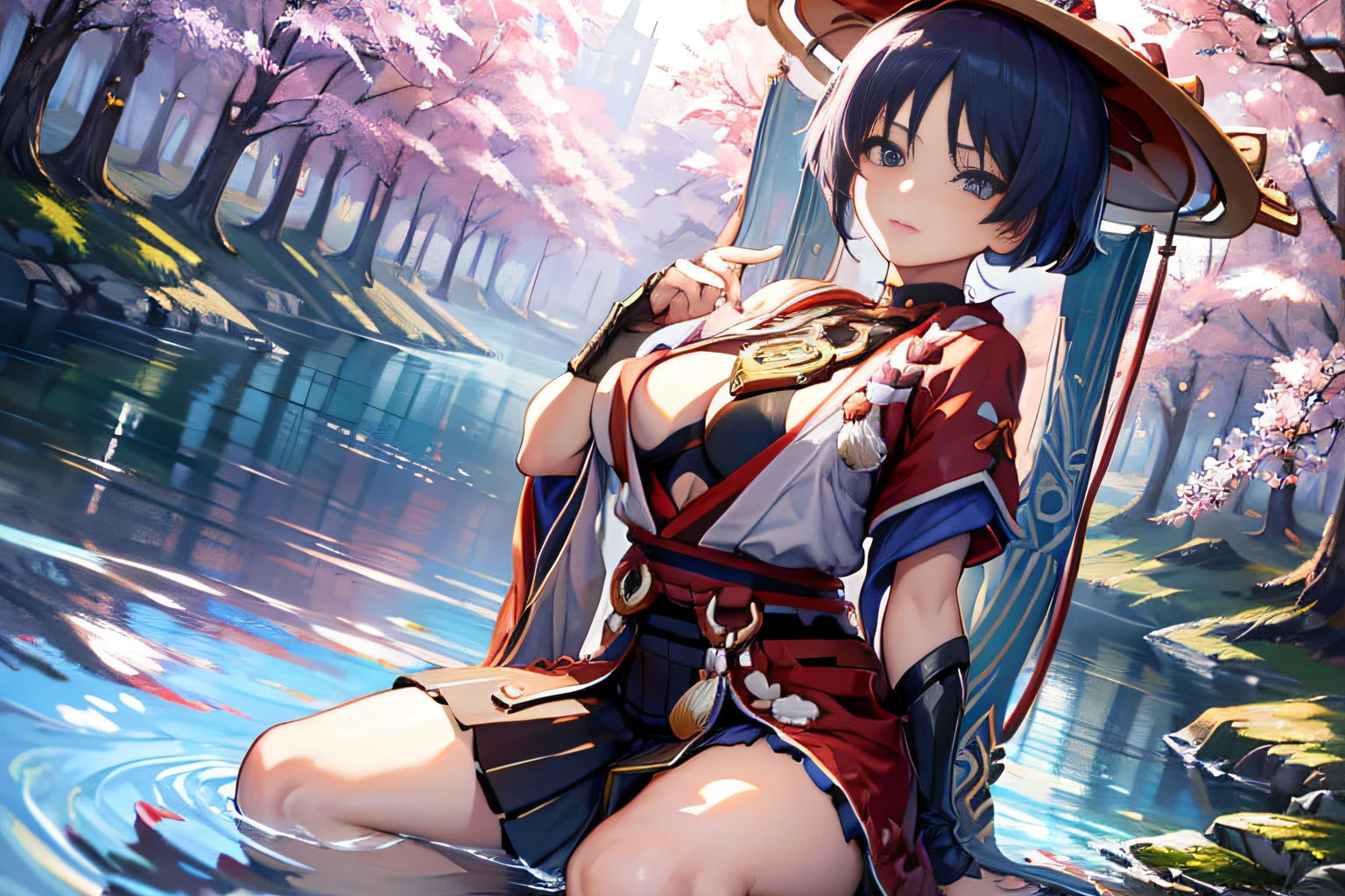 Miko Dresses, (NSTDA.:1.2), (10, beste-Qualit, master-piece: 1.4), ultra-high resolution, (lifelike, photorealistic portrait: 1.48), 20 age, Cute Girl, (See through the bikini beetle), Famous Japanese actors, beautiful clear eyes, G Cup Big Breasts, Long twintail hair, Head tilt., cowboy shot, from the side, looking at the audience, expressionless, Beautiful lake, Zeiss 150mm F/ 2.8 Hasselblad, Beautiful cherry blossom forest, Whole body, foot, Ultra-Wide Angle, The backyard is a beautiful sea.................................................. ,
