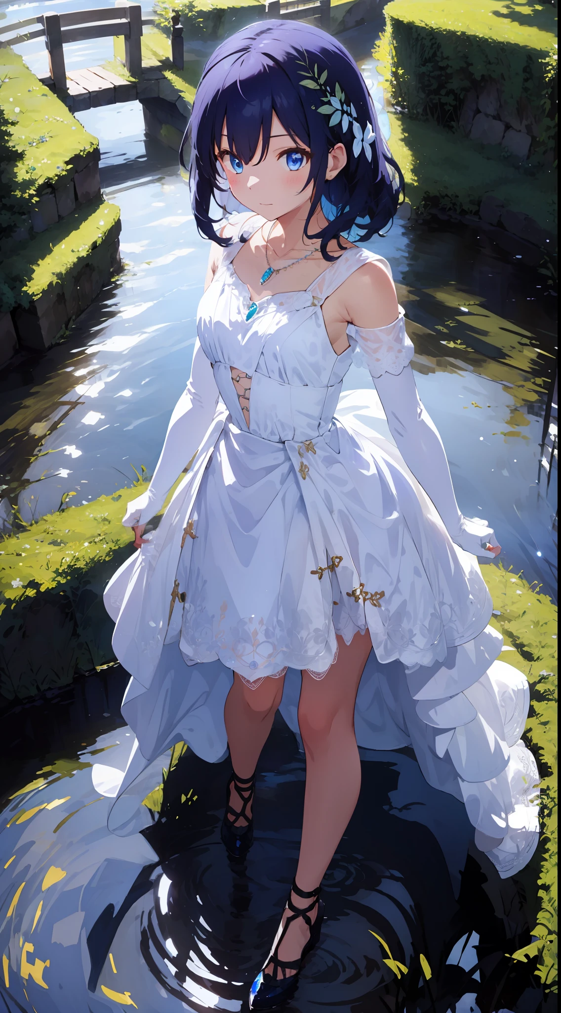 head gear，Gem Necklace，（white dresses，Purple lace），Long-sleeved lace gloves，Crystal heels，Fantasy art，with blue sky and white clouds，small bridge flowing water，（Long platinum hair，sapphire blue eyes），