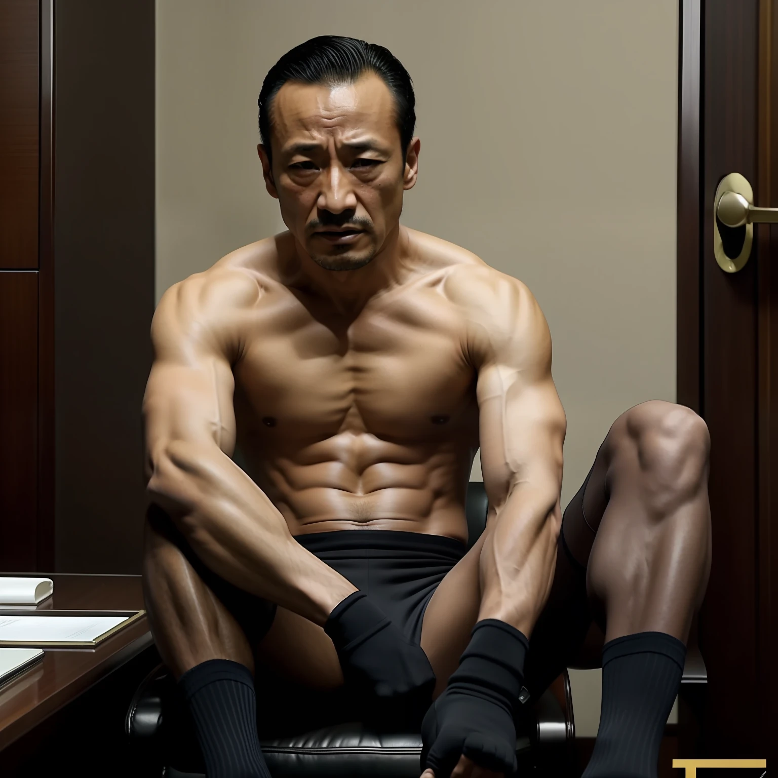 50yearsold，Hidetoshi Nakata，（Kogoro Mouri 1.3），Shirtless，Tong，Bulge，office room，black long socks，Thin，musculature，lbeard，fortitude，artwork of a，tmasterpiece，k hd，The expression of crying