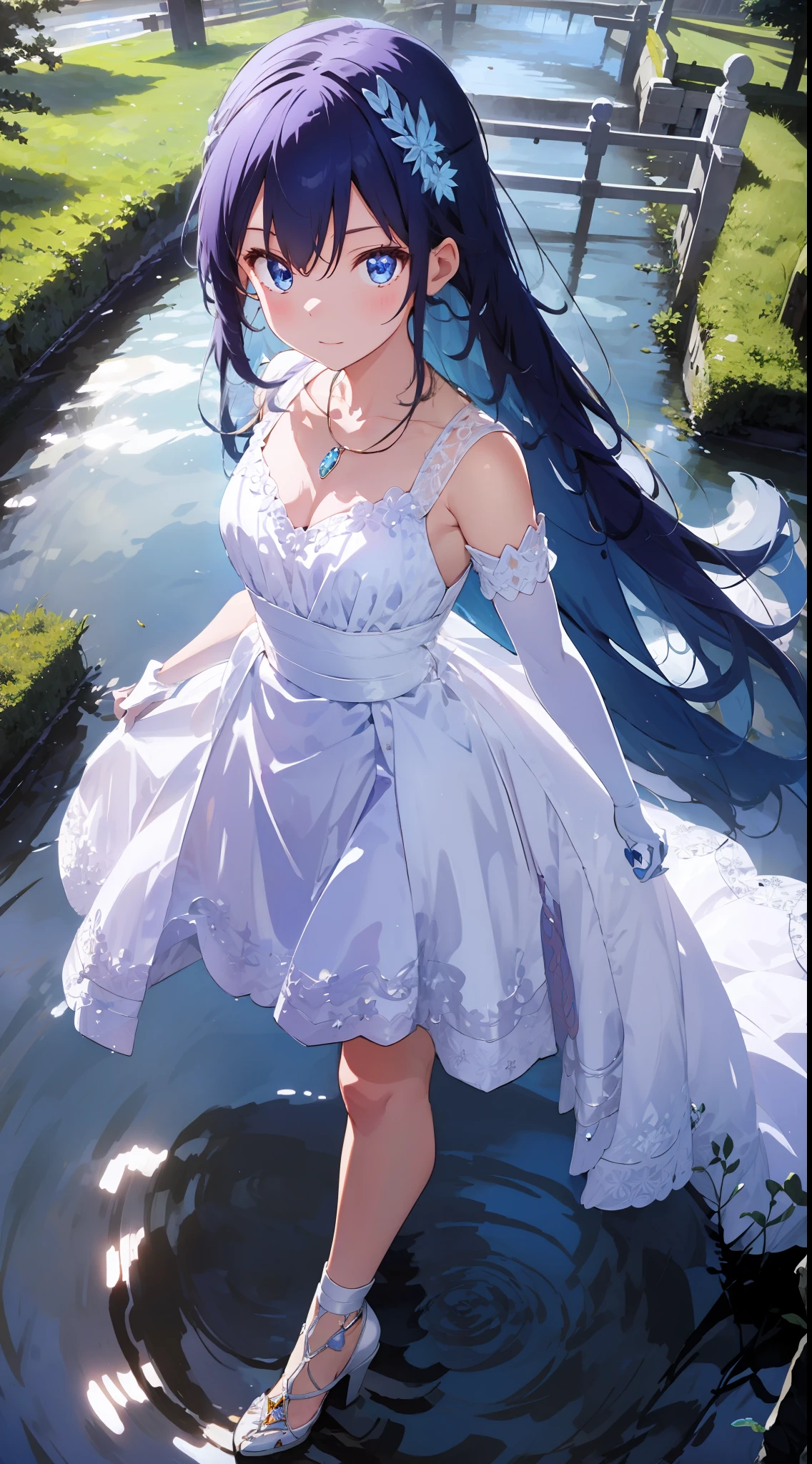 head gear,Gem Necklace,(white dresses,Purple lace),Long-sleeved lace gloves,Crystal heels,Fantasy art,with blue sky and white clouds,small bridge flowing water,(Long platinum hair,sapphire blue eyes),